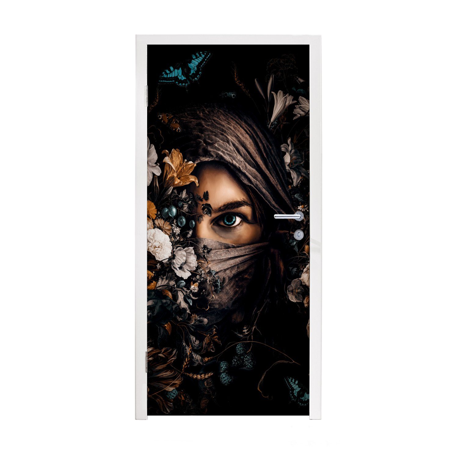 Top-Verkaufskanal MuchoWow Türtapete Frau - Tür, - Schmetterling Matt, Fototapete (1 Luxus Porträt, - - Blumen bedruckt, cm Türaufkleber, St), 75x205 für