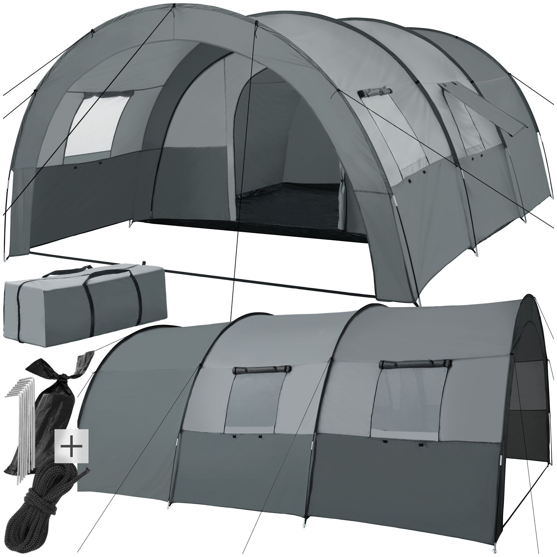 tectake Tunnelzelt Campingzelt Roskilde für 6 Personen, Personen: 6 (inklusive Spannseile, Heringe und Tragetasche, 350 x 480 x 195 cm), mit Vorzelt und Bodenplane, UV-Schutz 50+