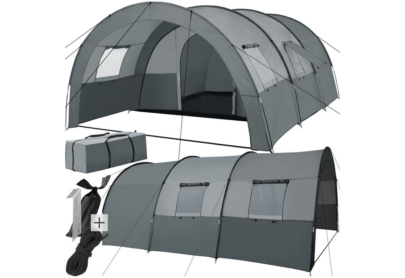 tectake Tunnelzelt Campingzelt Roskilde für 6 Personen, Personen: 6 (inklusive Spannseile, Heringe und Tragetasche, 350 x 480 x 195 cm), mit Vorzelt und Bodenplane, UV-Schutz 50+