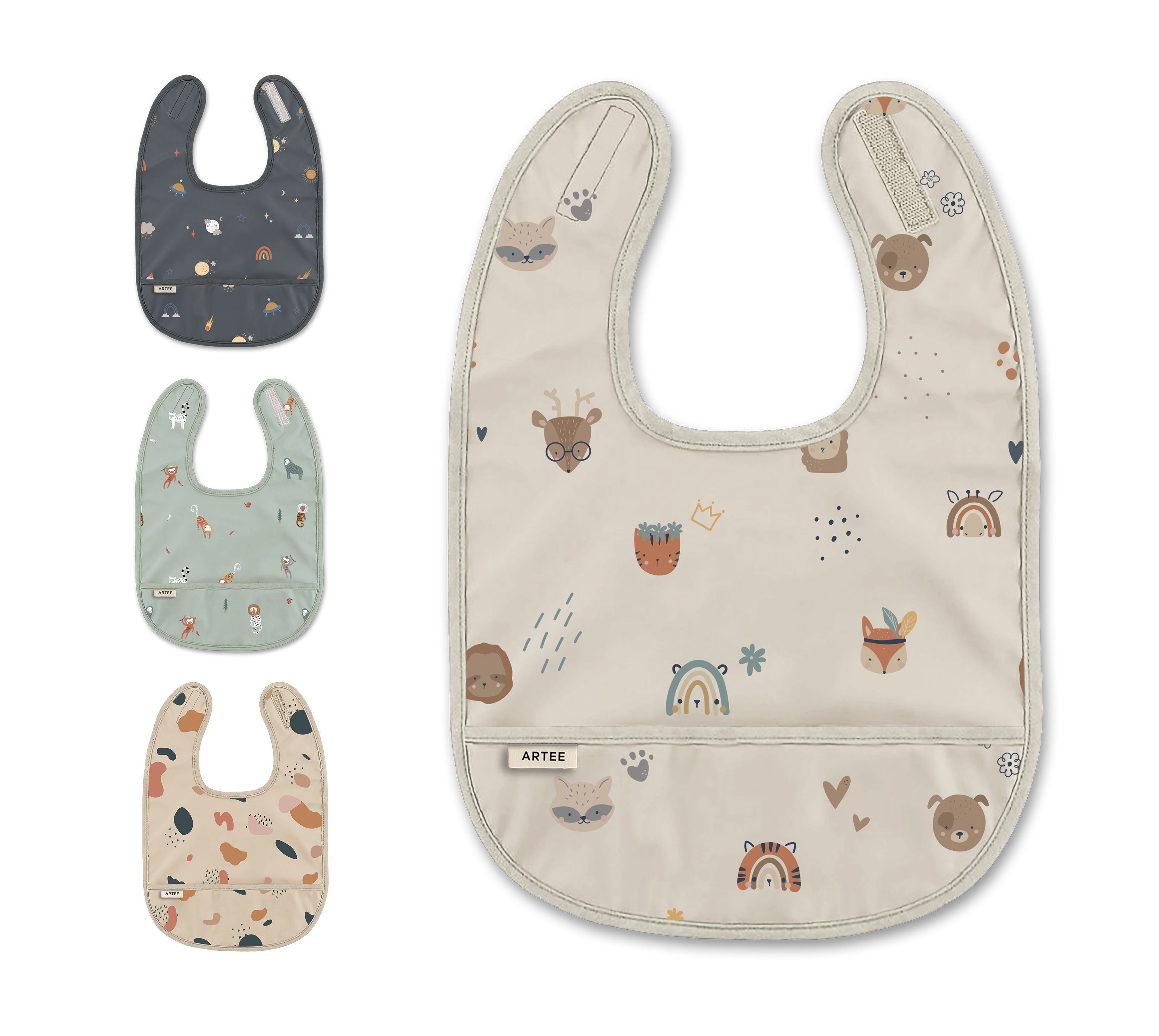 Artee Lätzchen Lätzchen beschichtet abwaschbar mit Auffangtasche mit Print Baby Animals