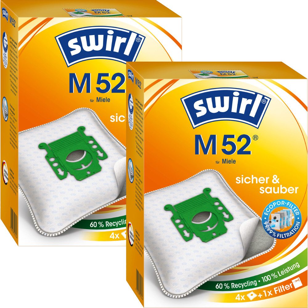 Swirl Staubsaugerbeutel Swirl M52 M 52, passend für Miele Staubsauger, inkl. 2 Filter - zuschneidbar, 8 St., Optimale Passform, MicroPor® Plus-Qualität für lange Nutzungsdauer