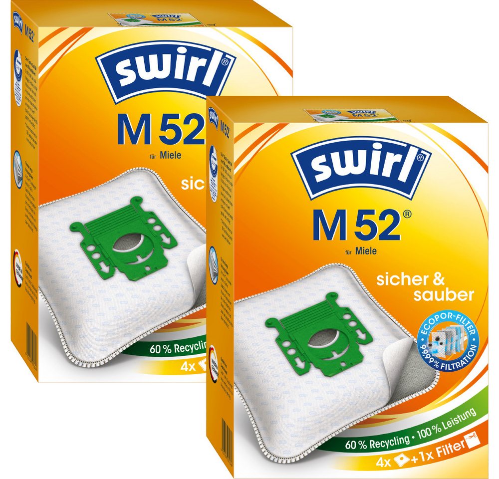 Swirl Staubsaugerbeutel Swirl M52 M 52, passend für Miele Staubsauger, inkl. 2 Filter - zuschneidbar, 8 St., Optimale Passform, MicroPor® Plus-Qualität für lange Nutzungsdauer