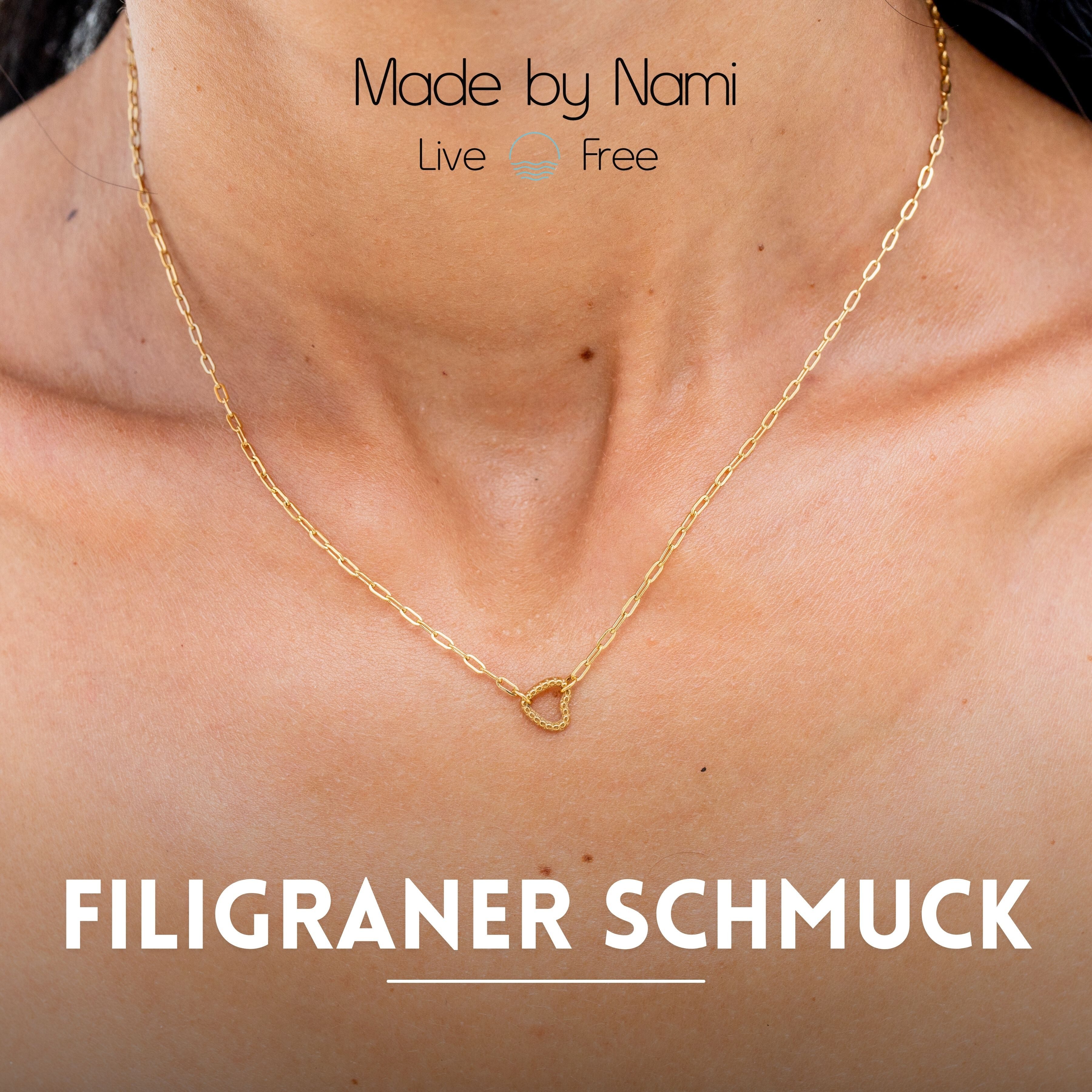 Made by Nami Herzkette Damen Halskette goldfarben mit Herzanhänger verstellbar wasserfest, aus Edelstahl – hypoallergen – mit Verlängerung – romantischer Stil – Bild 5 von 5