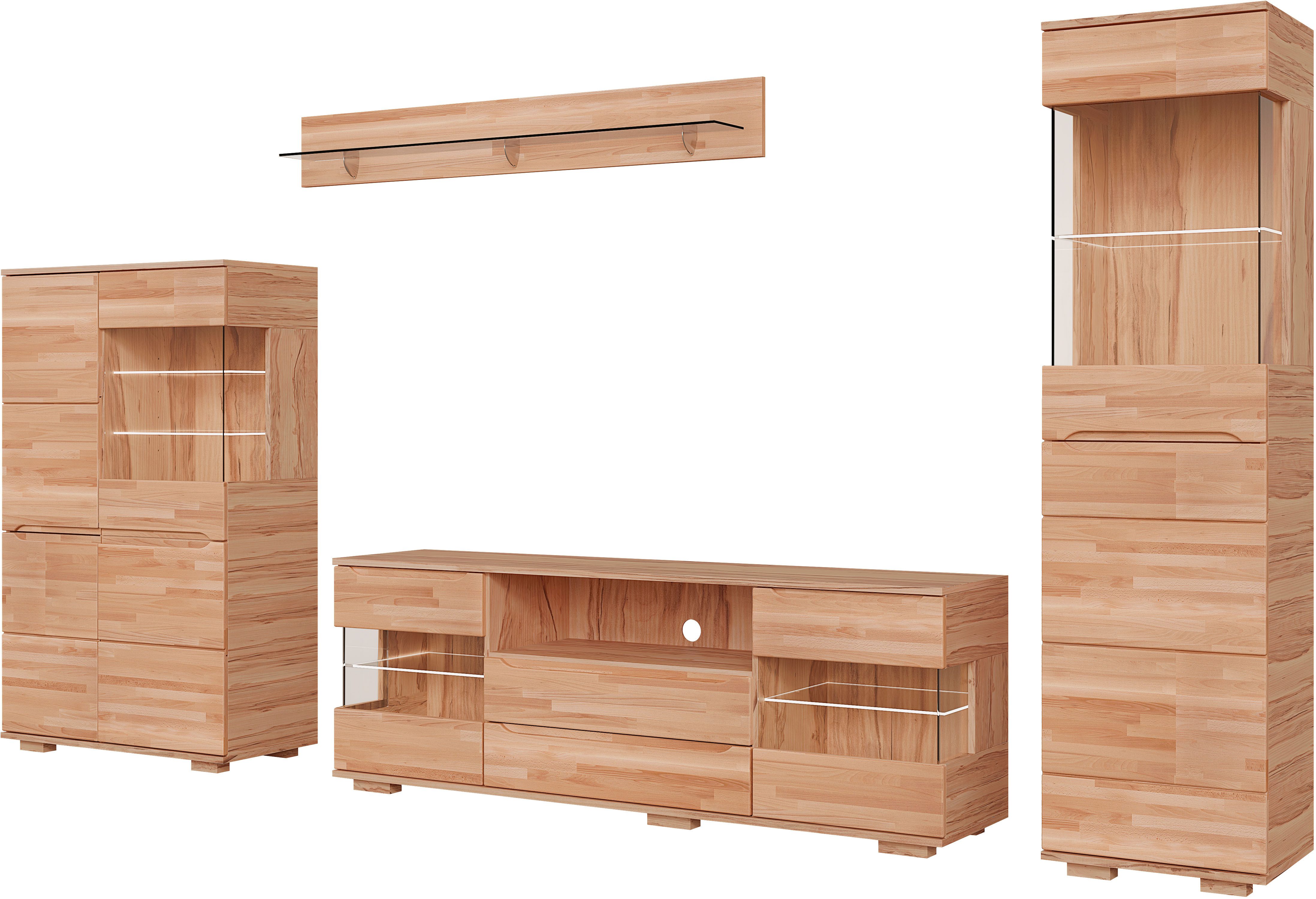 OTTO home Wohnwand VETRO: besteht aus 2 Vitrinen, 1 Sideboard & 1 Wandregal, Wohnzimmer., (4-St), Breite:320cm, Türen mit Glaseinsätzen, Kabeldurchführung in Sideboard
