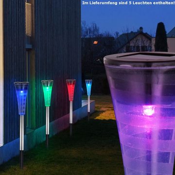 etc-shop LED Gartenleuchte, LED-Leuchtmittel fest verbaut, Farbwechsel, 5er Set RGB LED Solar Steck Leuchten Garten Edelstahl Außen Lampen