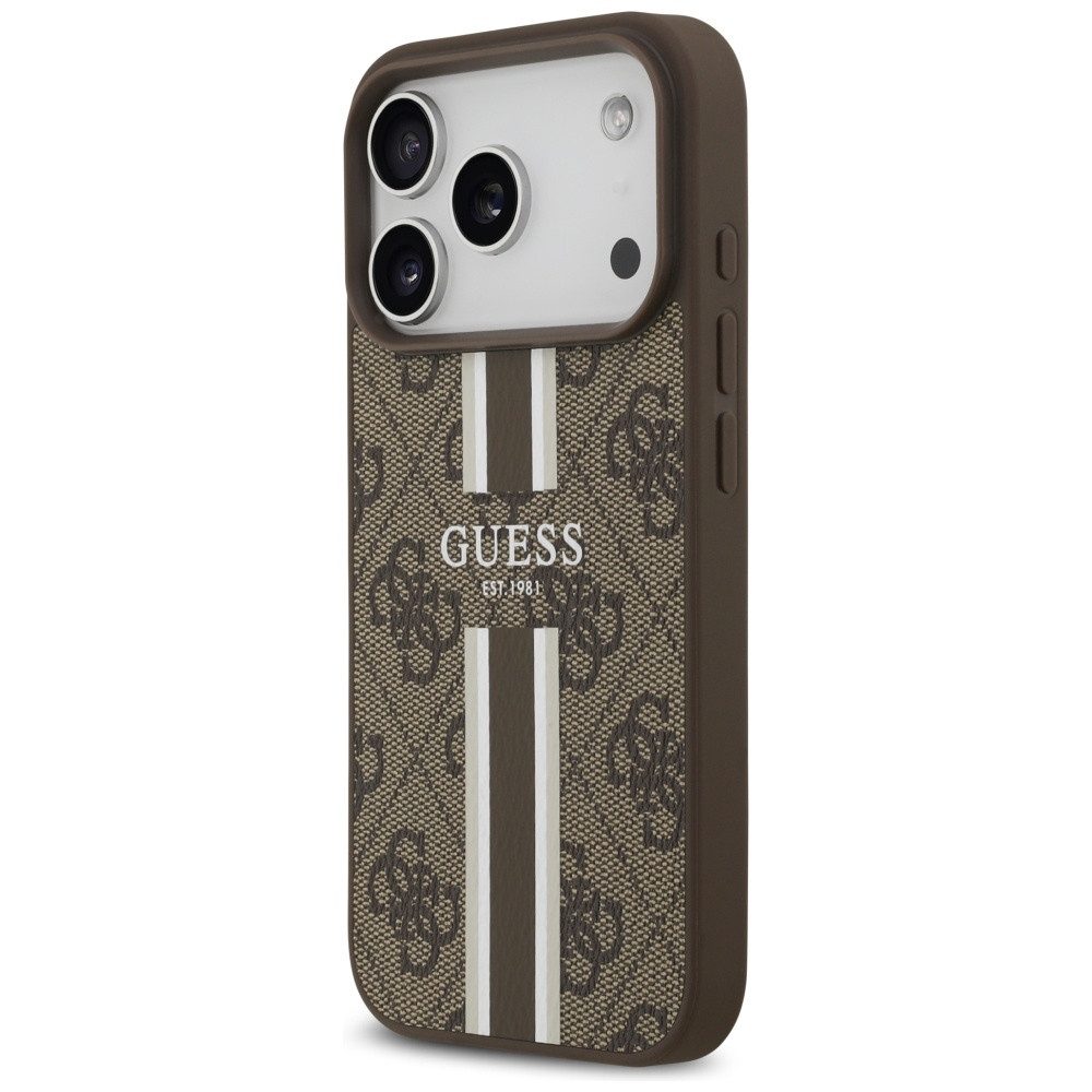 Guess Handyhülle Case iPhone 17 Pro MagSafe Kunstleder braun Logo Streifen 6,3 Zoll, Kantenschutz