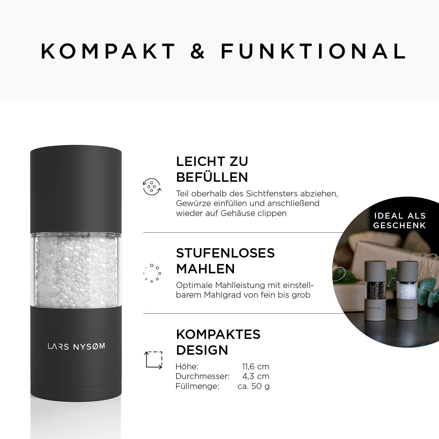 LARS NYSØM mit Sjæl Salz-/Pfeffermühle einstellbarem Black Onyx Manuell, Keramik-Mahlwerk