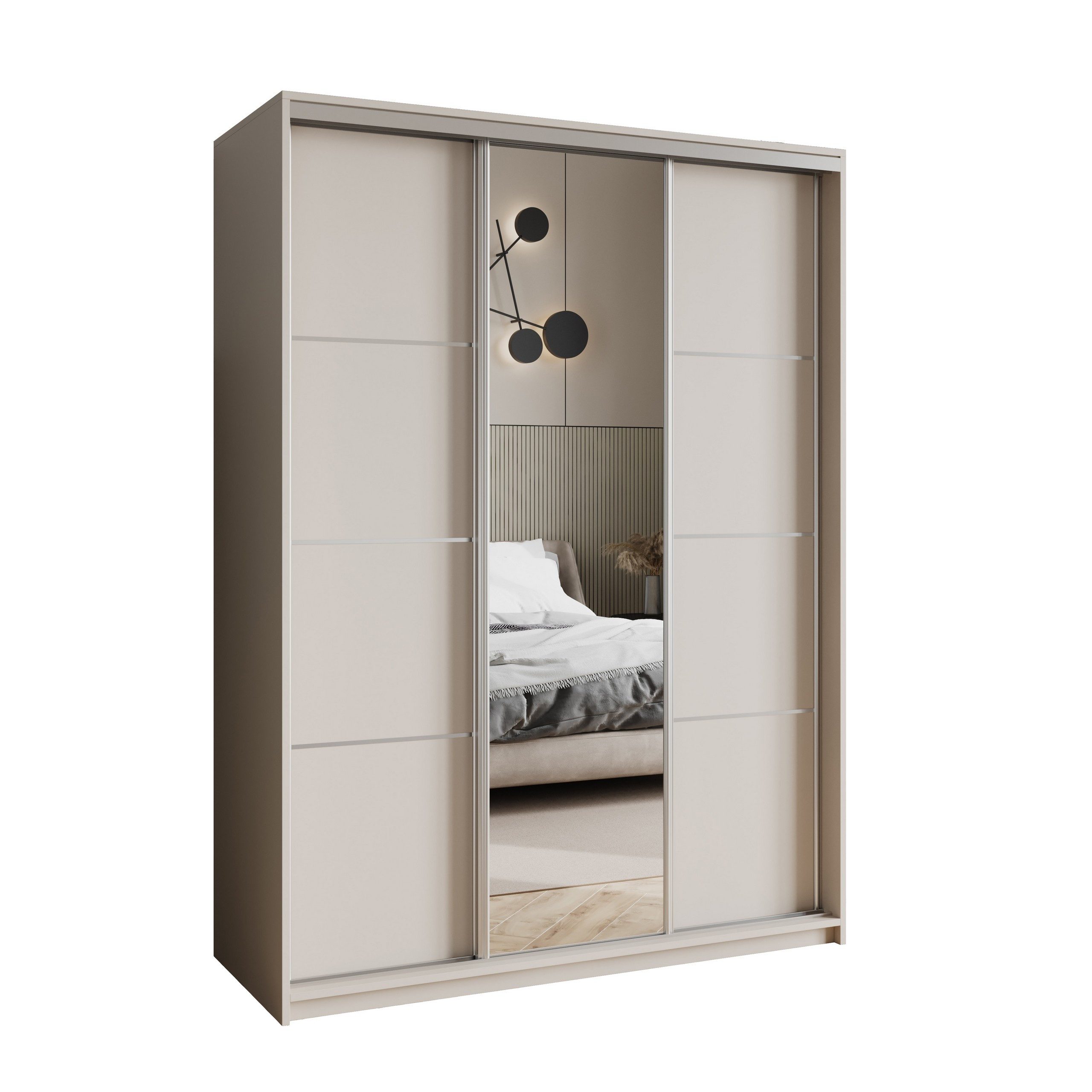 Masseno Schwebetürenschrank VARO 150 cm Kleiderschrank mit Spiegel 3 Türen Kaschmir