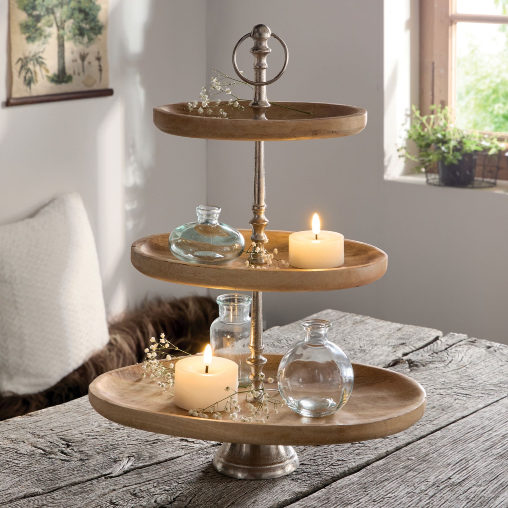 Dekoleidenschaft Etagere "Oval" aus Mangoholz, 3 Etagen, Holz Tortenständer, große Obstetagere, Mangoholz, Kuchenständer, Cupcake Muffin Ständer, Wurst Käse Kekse Nüsse Platte