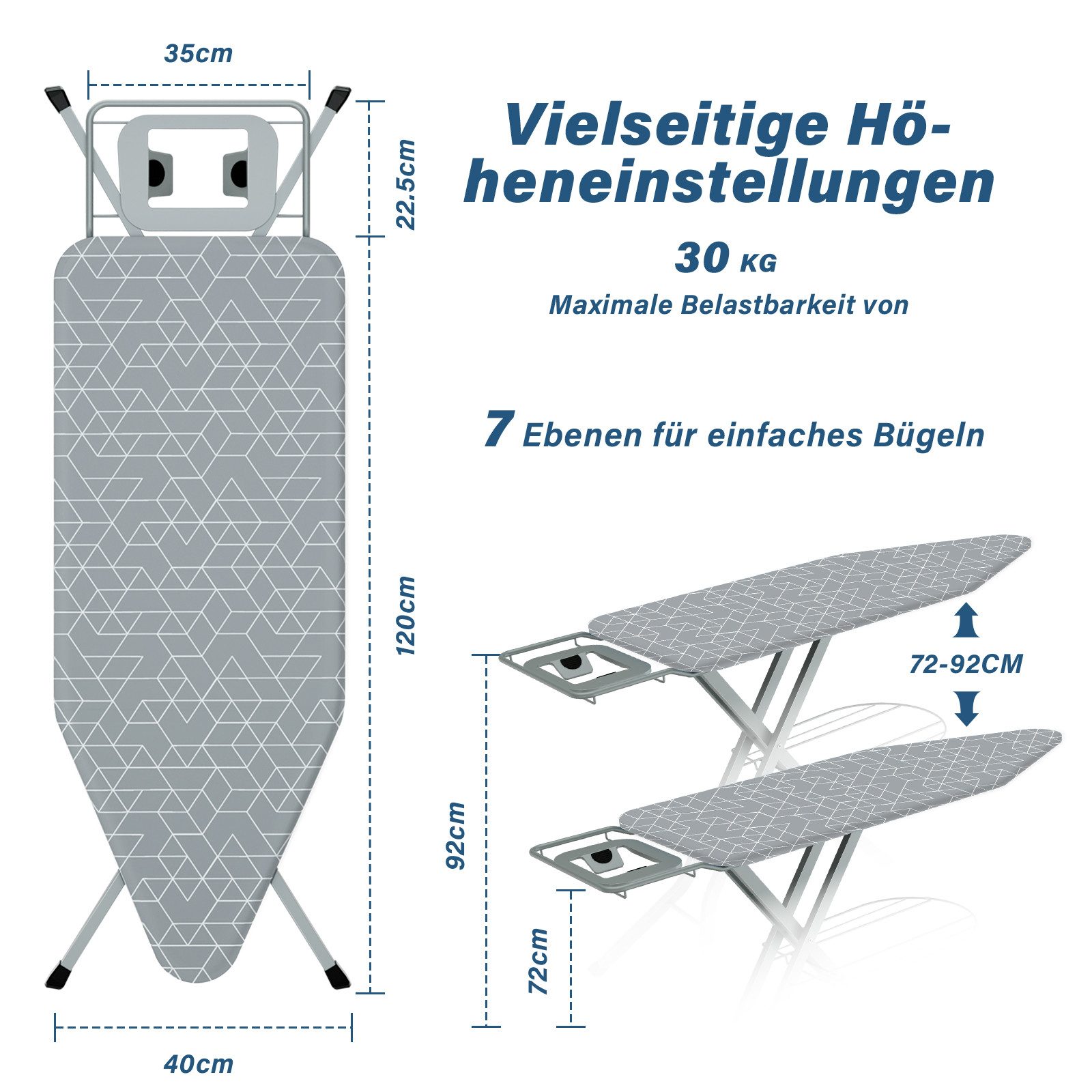 DEWINNER Bügelbrett XXL 120 × 45 cm klappbar höhenverstellbar, Bügelfläche 45x120 cm, Sicherheitsverschluss, Ablage f. Dampfbügeleisen – Bild 2 von 5