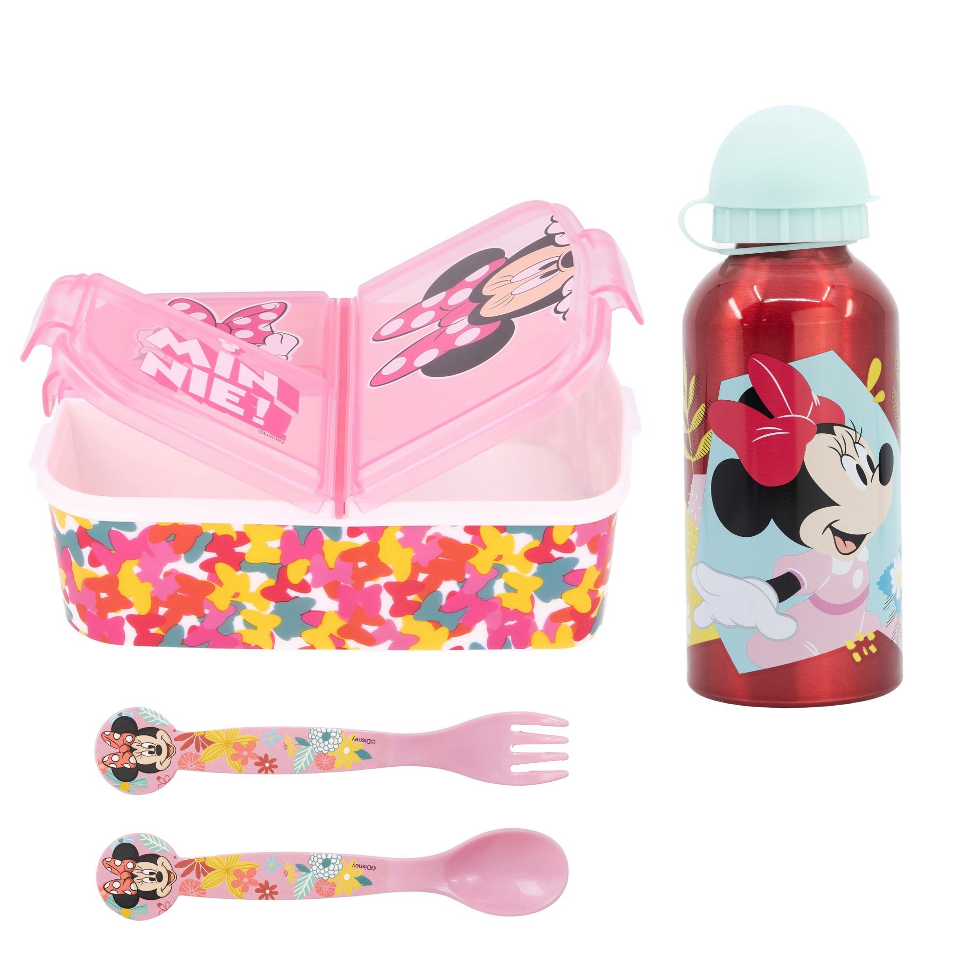 Minnie (4-tlg), teiliges Disney Löffel Lunch Alu-Trinkflasche Set, - Disney 4 Lunchbox Gabel Maus Brotdose