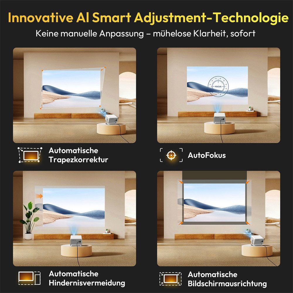 XGODY Tragbarer Smart-Projektor UHD-Beamer (25000 lm, 15000:1, 1920x1080 px, Native 1080p Android 14 unterstützt 200'' 4K-Video-Outdoor-Projektor)