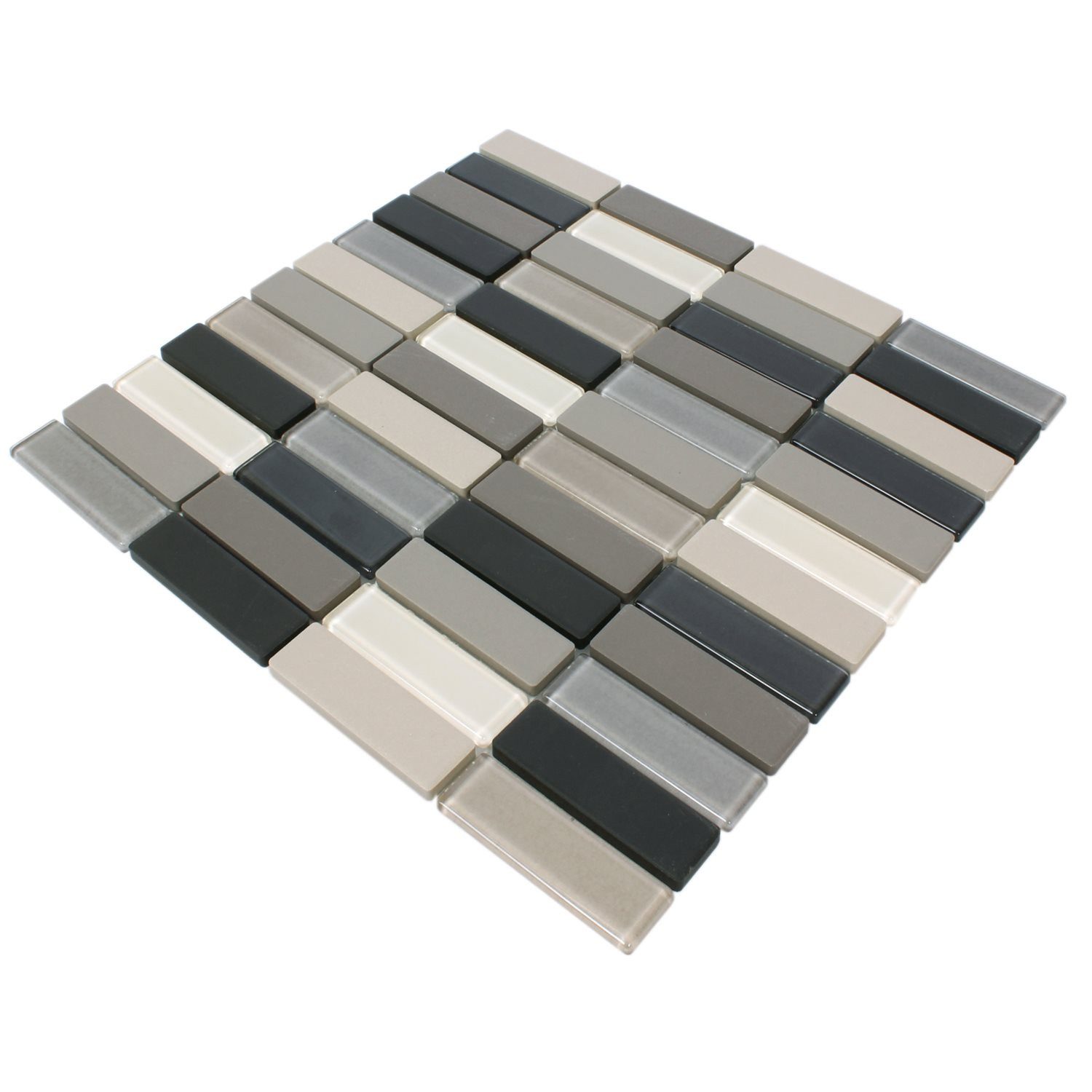 Mosafil Mosaikfliesen Keramik Glas Mosaikfliesen Garden Unglasiert Stäbchen, Glas-Keramik 29.700x29.000, schwarz-beige-grau, Verlegefertig auf ein Netz geklebt - Frostsicher - Wasserfest