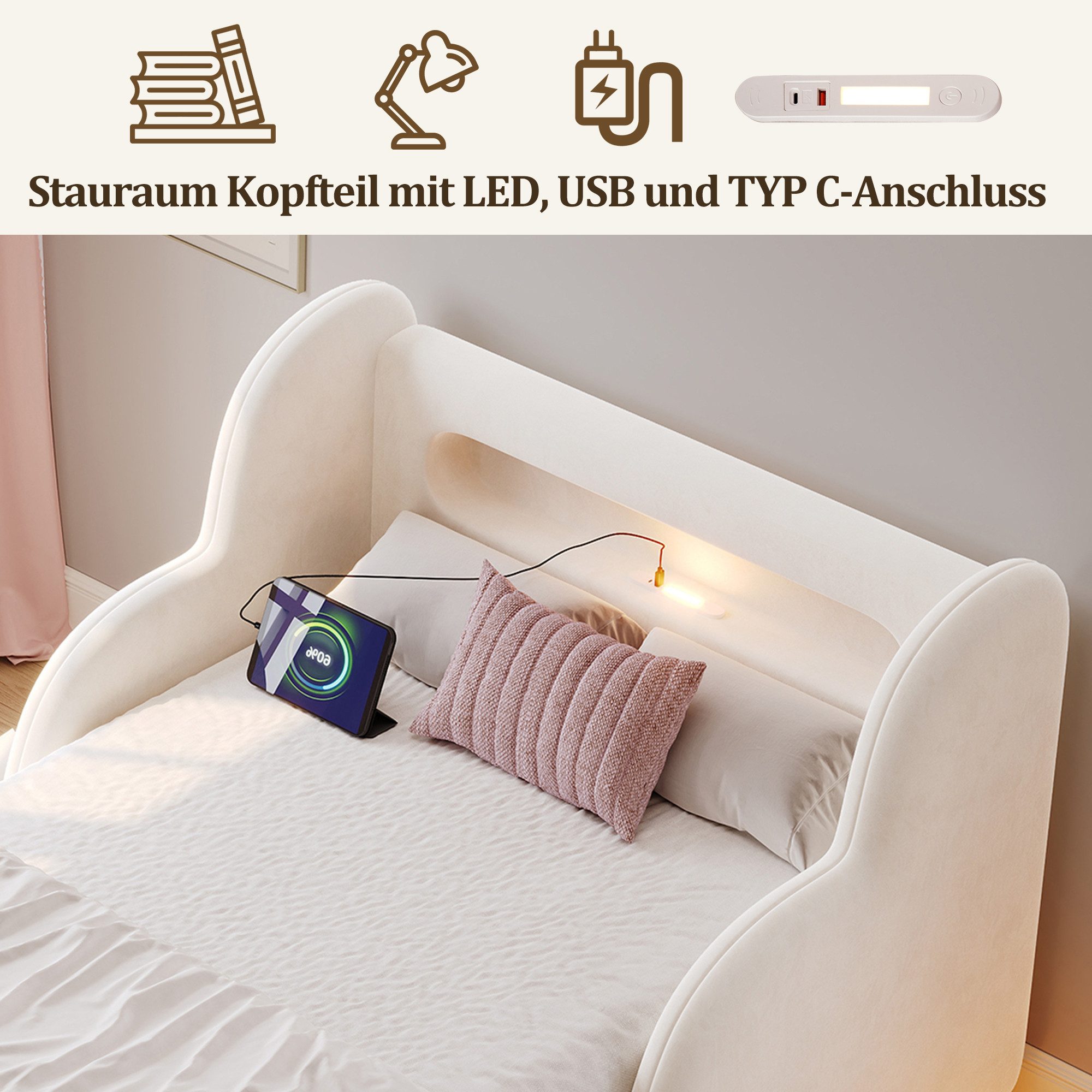 REDOM Polsterbett Kinderbett mit Schutzgeländer, Nachtlicht (Bettbeine, ohne Bettkasten und Matratze, Beige), USB, Ablagefächer, 90x200cm, Samt