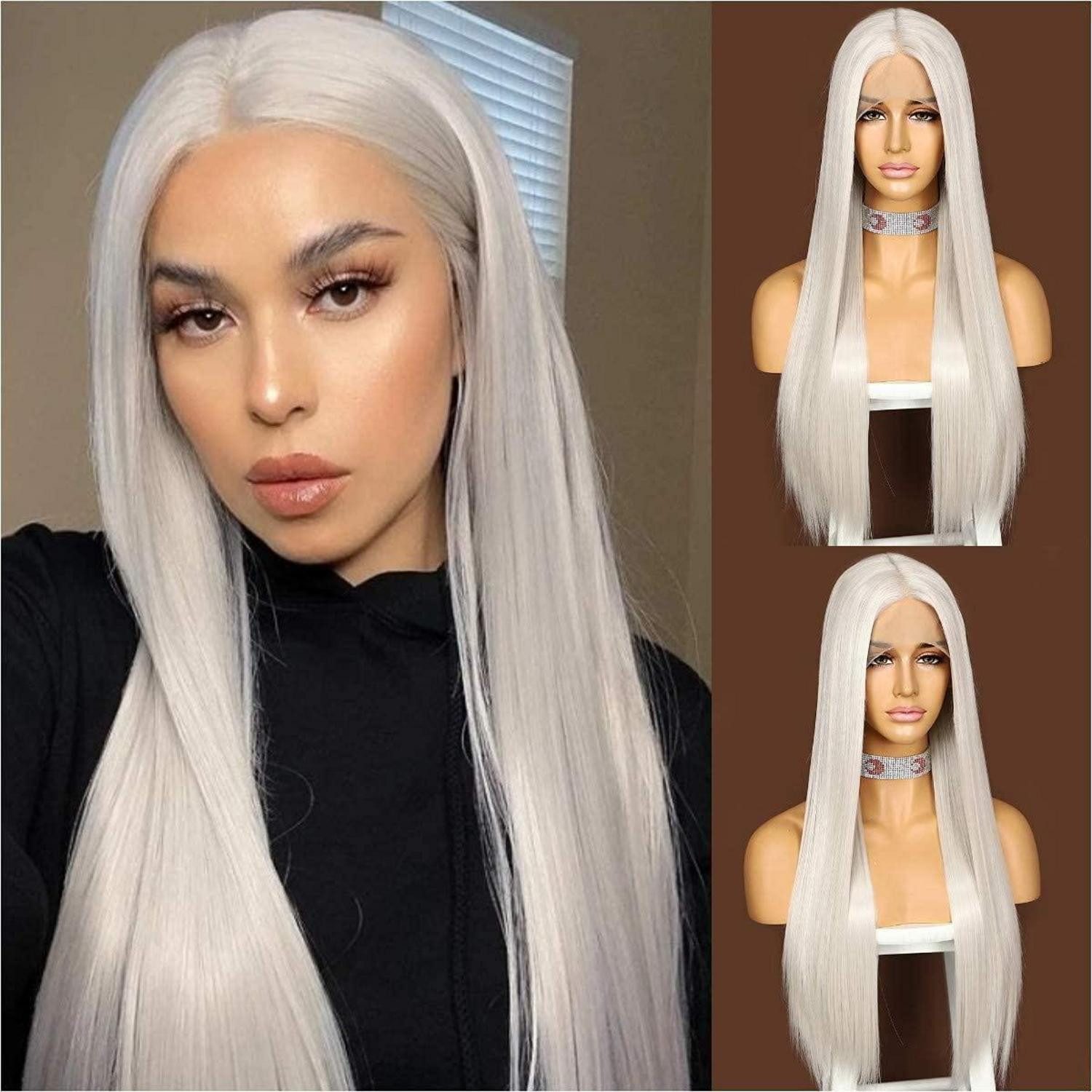 LuxusKollektion Kunsthaarperücke Perücke Grau Lang Spitze vorne Synthetisch T Part Platinum Blond