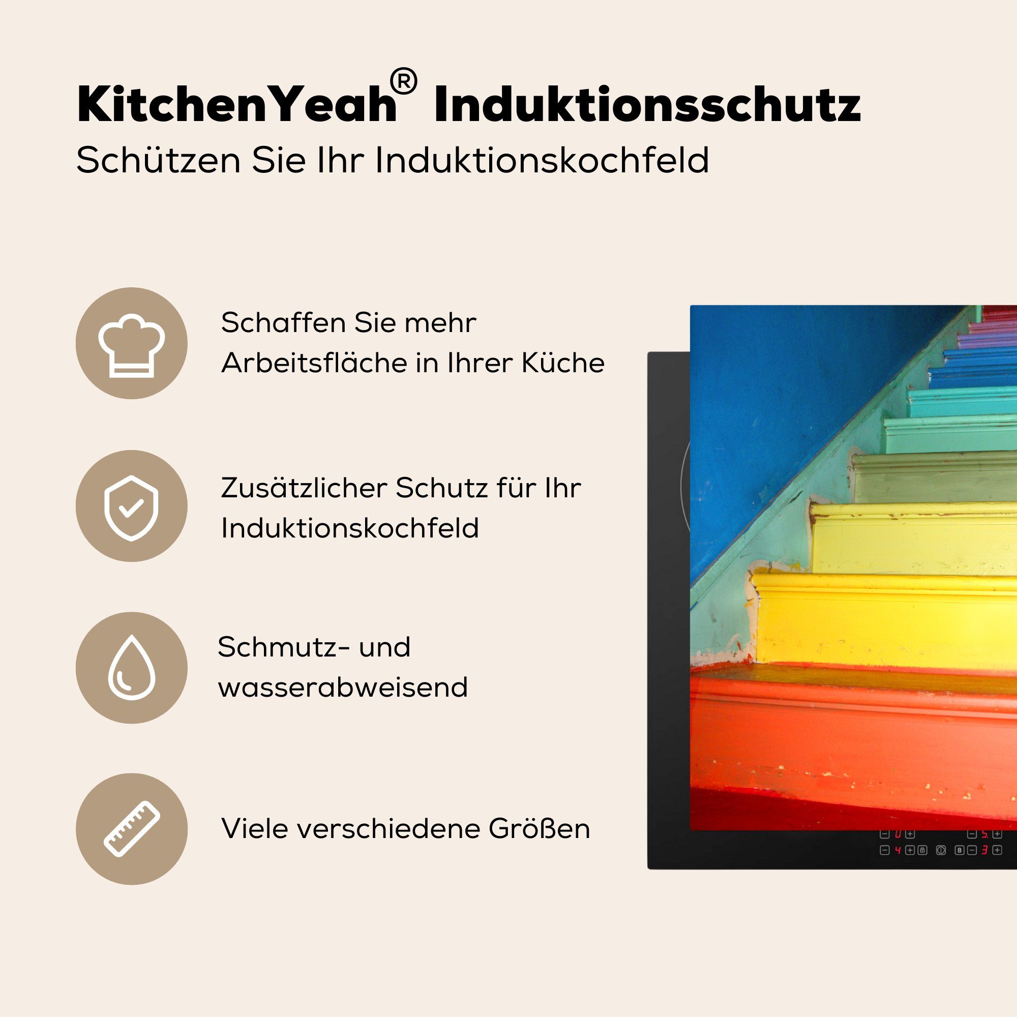 des küche Vinyl, in Treppe MuchoWow den Herdblende-/Abdeckplatte 78x78 (1 Ceranfeldabdeckung, Regenbogens, für cm, Farben tlg), Arbeitsplatte
