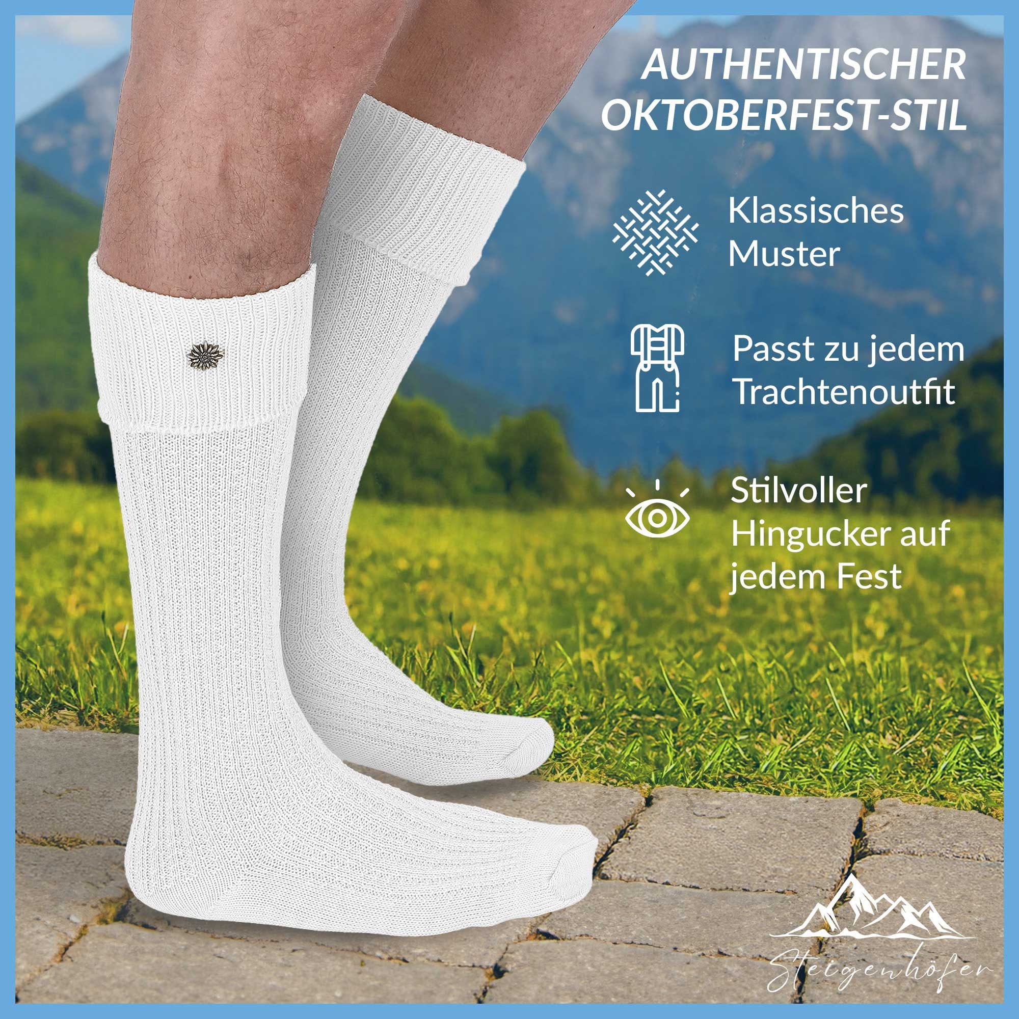 Steigenhöfer Manufaktur Trachtensocken für Herren und Damen – Socken mit Zopfmuster und Edelweißanstecker Oktoberfest Strümpfe aus Baumwolle für Männer & Frauen