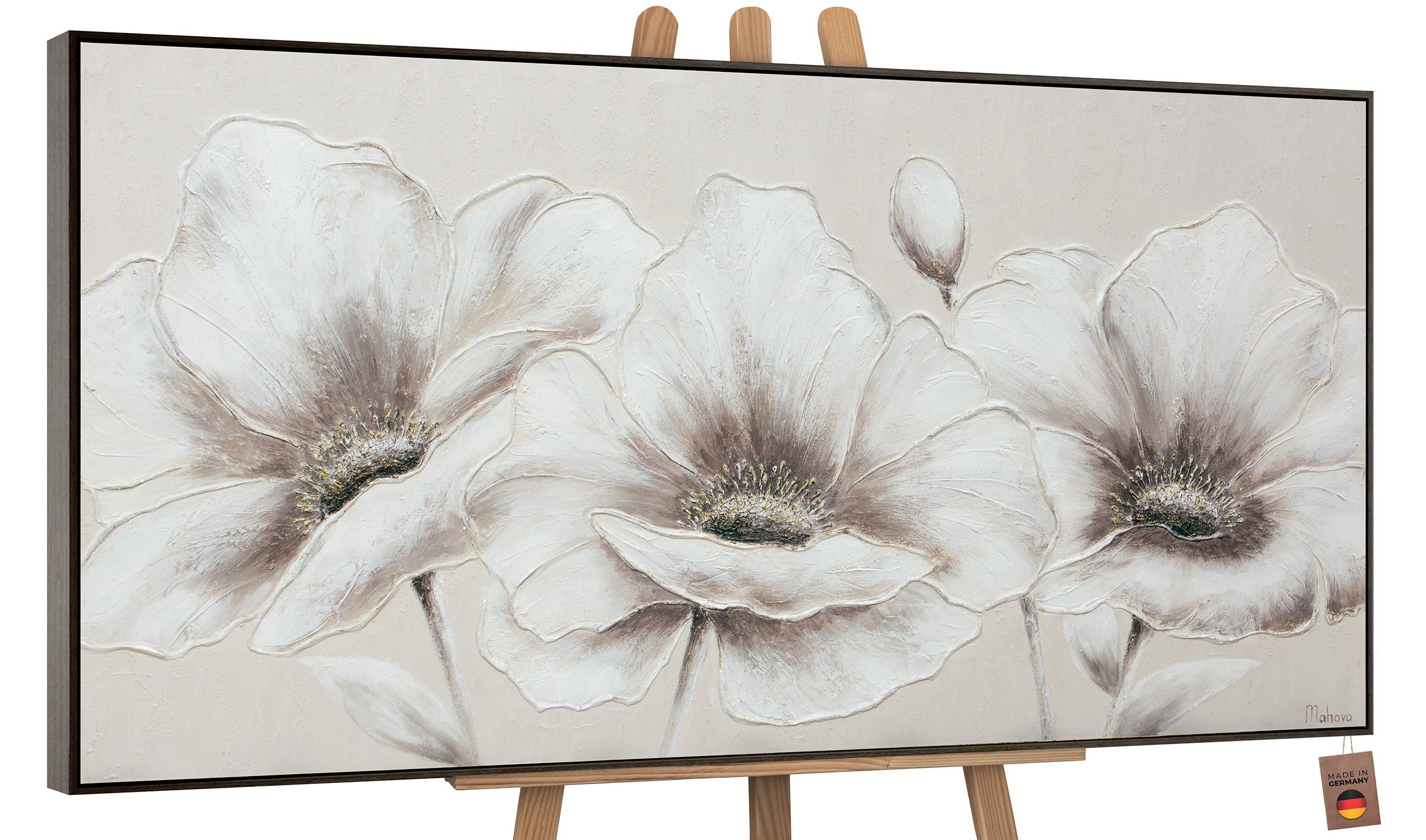 YS-Art Gemälde Blumen II, in Beige Rahmen Blumen, Leinwand Blumen Schwarz Handgemalt Weiß Bild auf Mit Grau