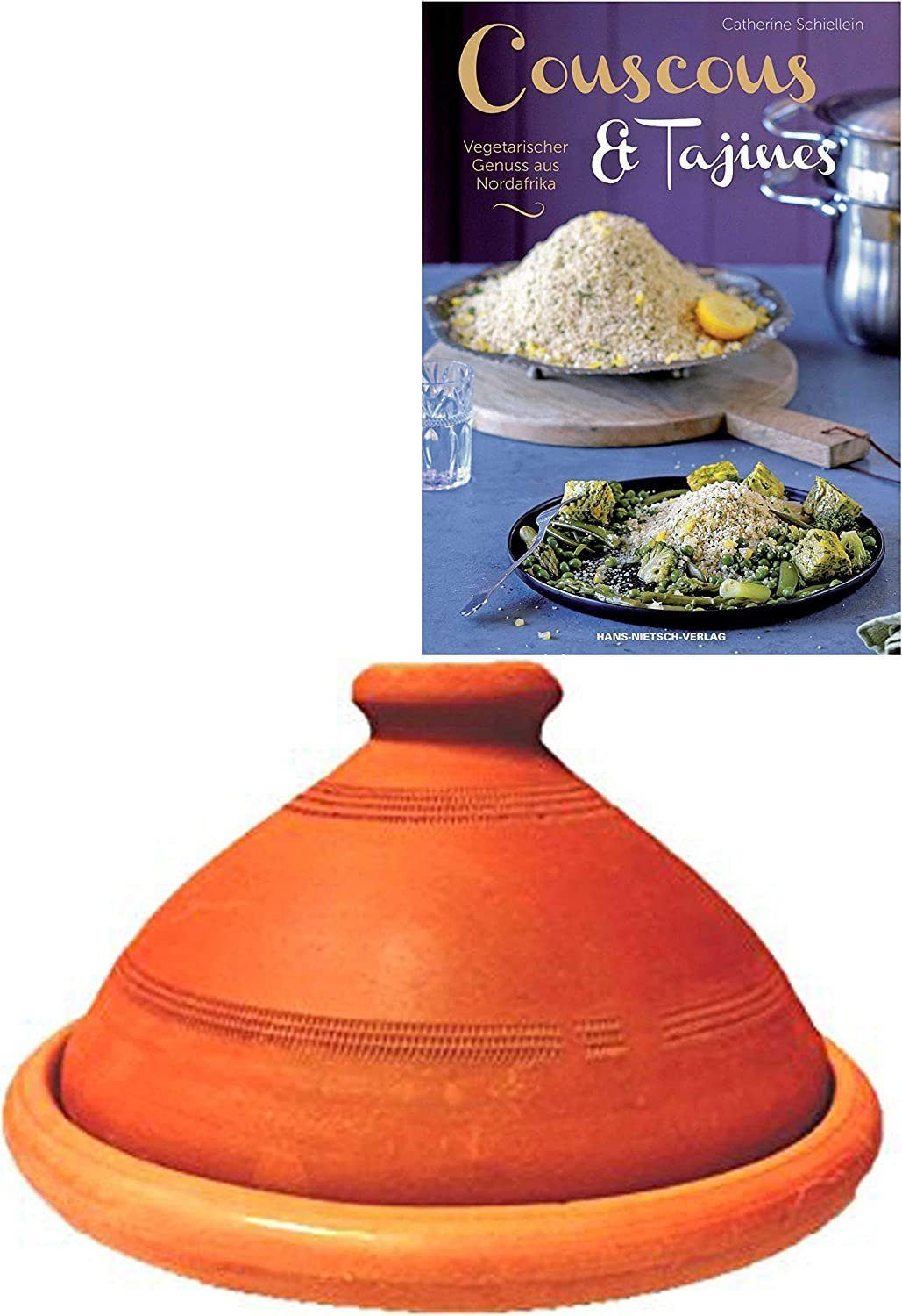 Marrakesch Orient & Mediterran Interior Dampfgartopf Tajine original aus Marokko, inklusive Kochbuch Vegetarischer Genuss aus Nordafrika, Tontopf zum Kochen Tuareg, handgetöpfert aus Marrakesch, unglasiert, frei von Schadstoffe, Lehm, Handarbeit