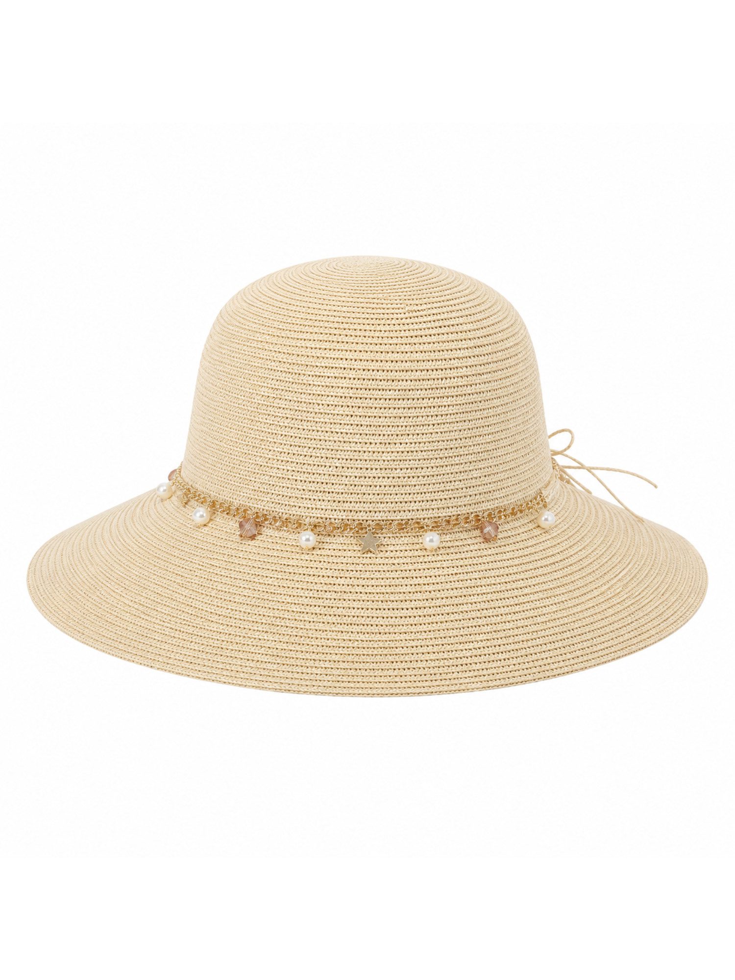 Brise Textil Sonnenhut Damen Sonnenhut mit Schmuckband und Zierperlen, Sommerhut aus Papier Dekoratives Schmuckband, Perlen und Sternanhänger, Breite Sonnenkrempe