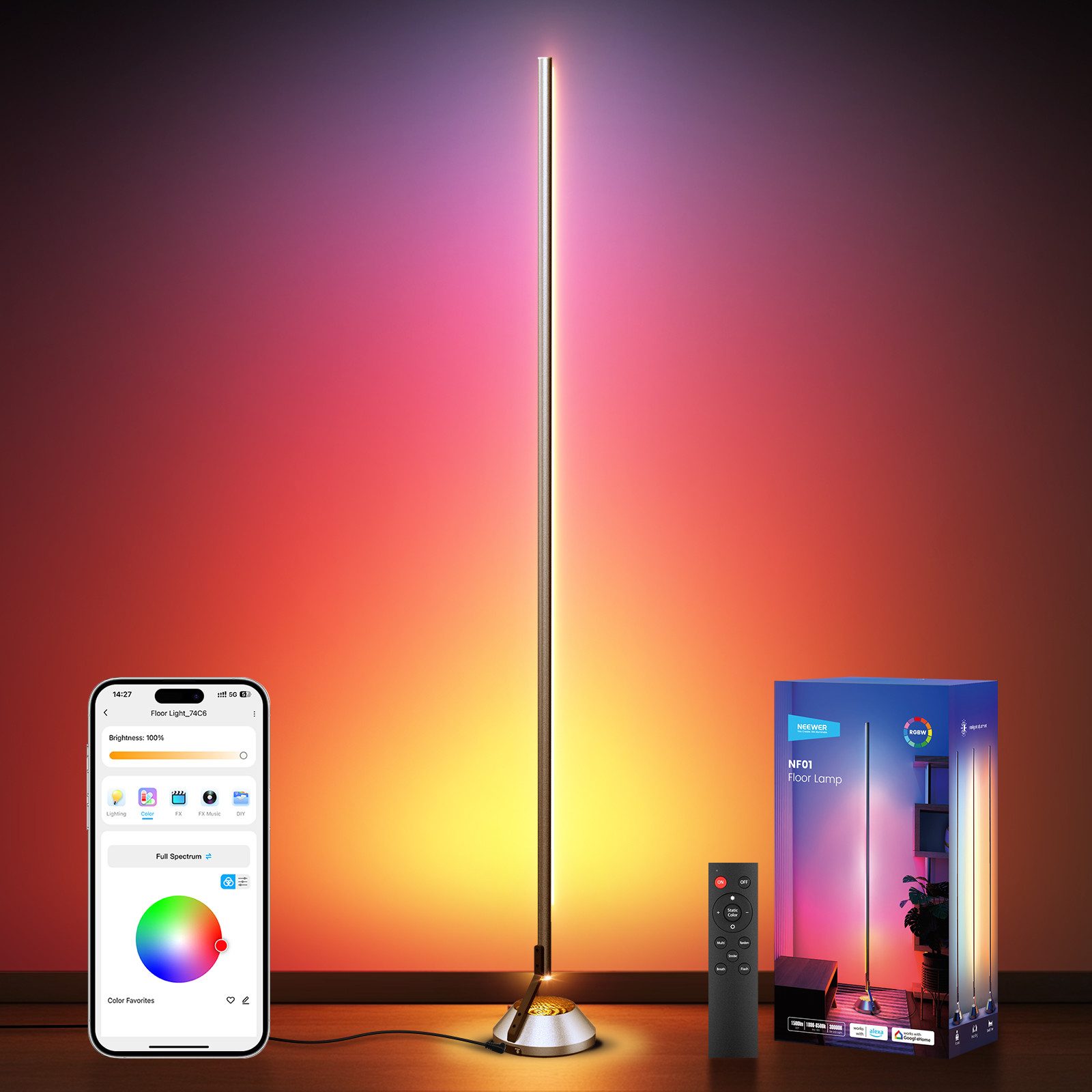 Neewer LED Stehlampe NF01 Smart LED Stehleuchte RGBW mit Alexa & App Steuerung, LED wechselbar