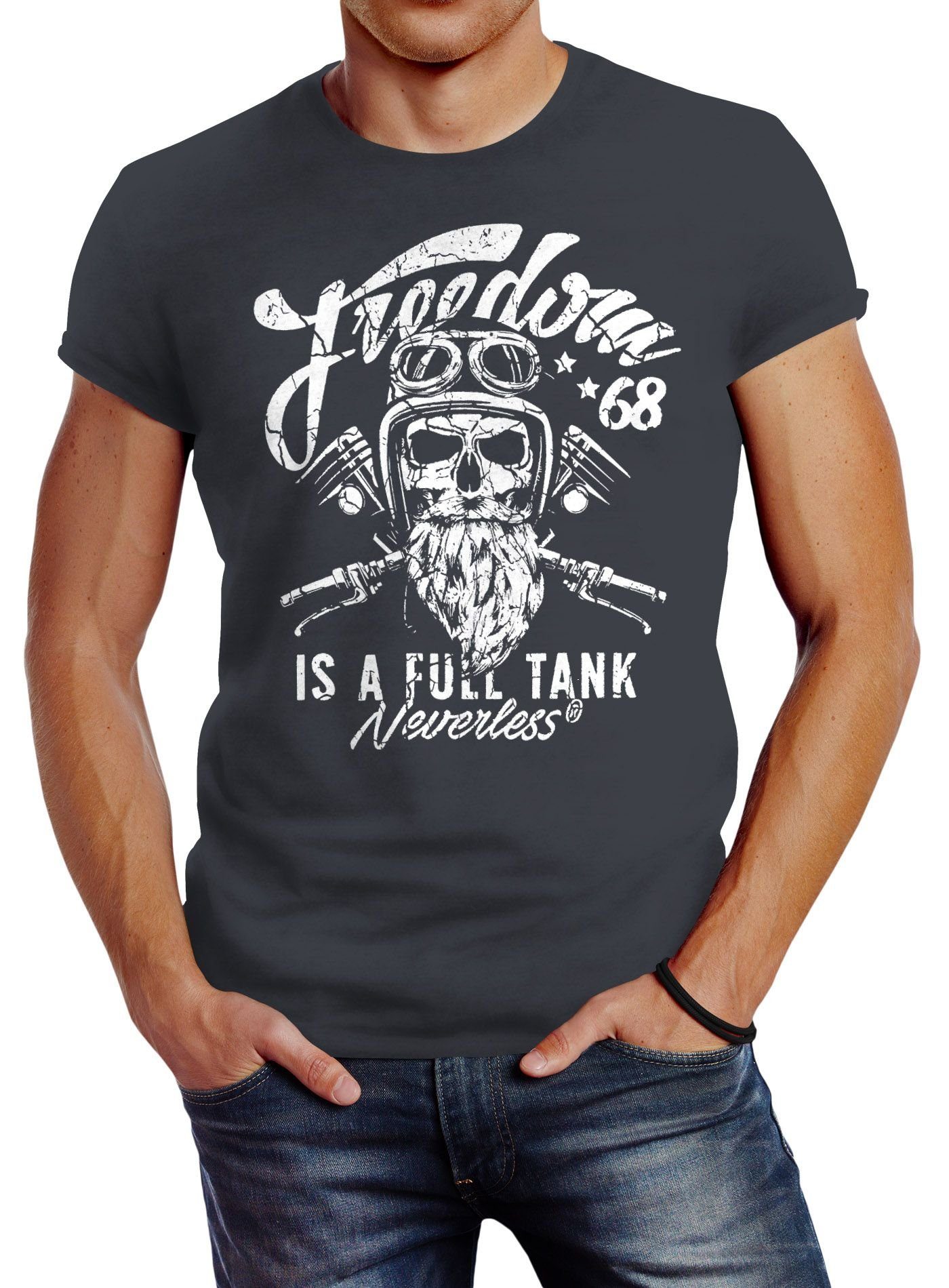 Herren Skull T-Shirt Totenkopf Biker Motorrad Neverless® Tank Neverless Print grau Freedom full mit Fit is a Slim Print-Shirt Motiv