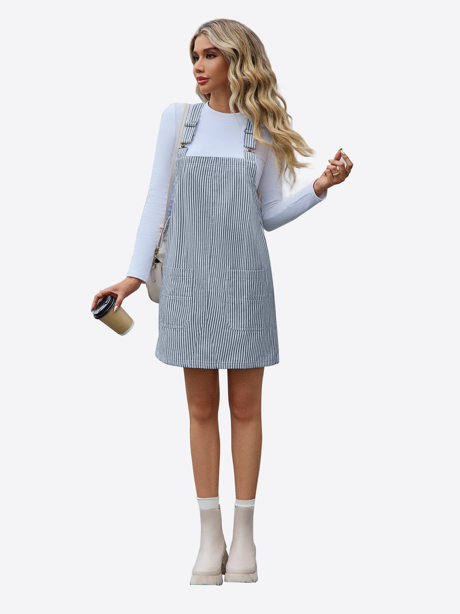 Imily Bela Jeanskleid Damen Gestreiftes Trägerkleid mit Verstellbaren Schultergurten (Packung, 1-tlg., 1per-Pack) Eingrifftaschen