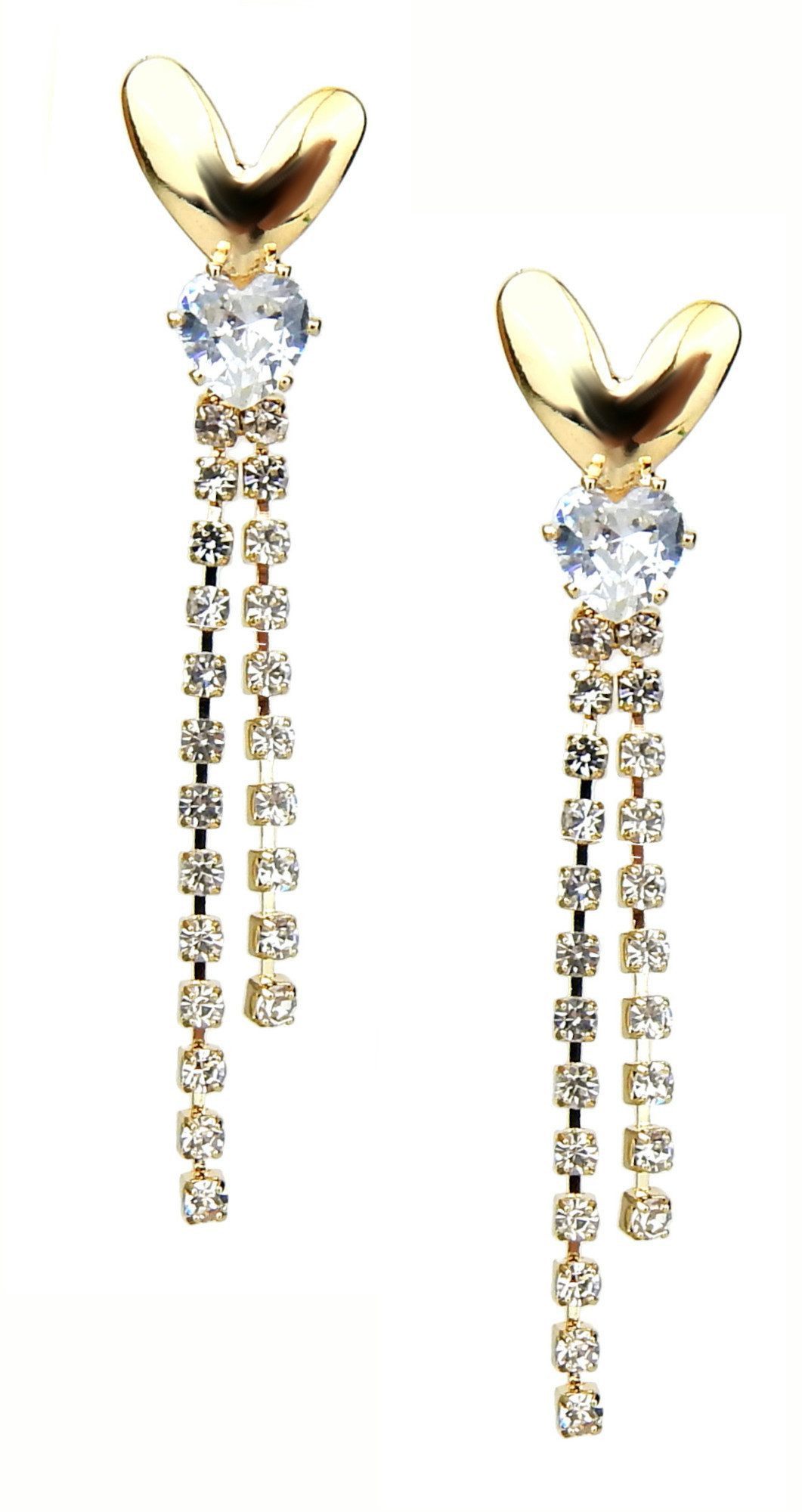 Ella Jonte Paar Ohrstecker, zierliche elegante Glitzer Strass Ohrringe gold Herz Wasserfall