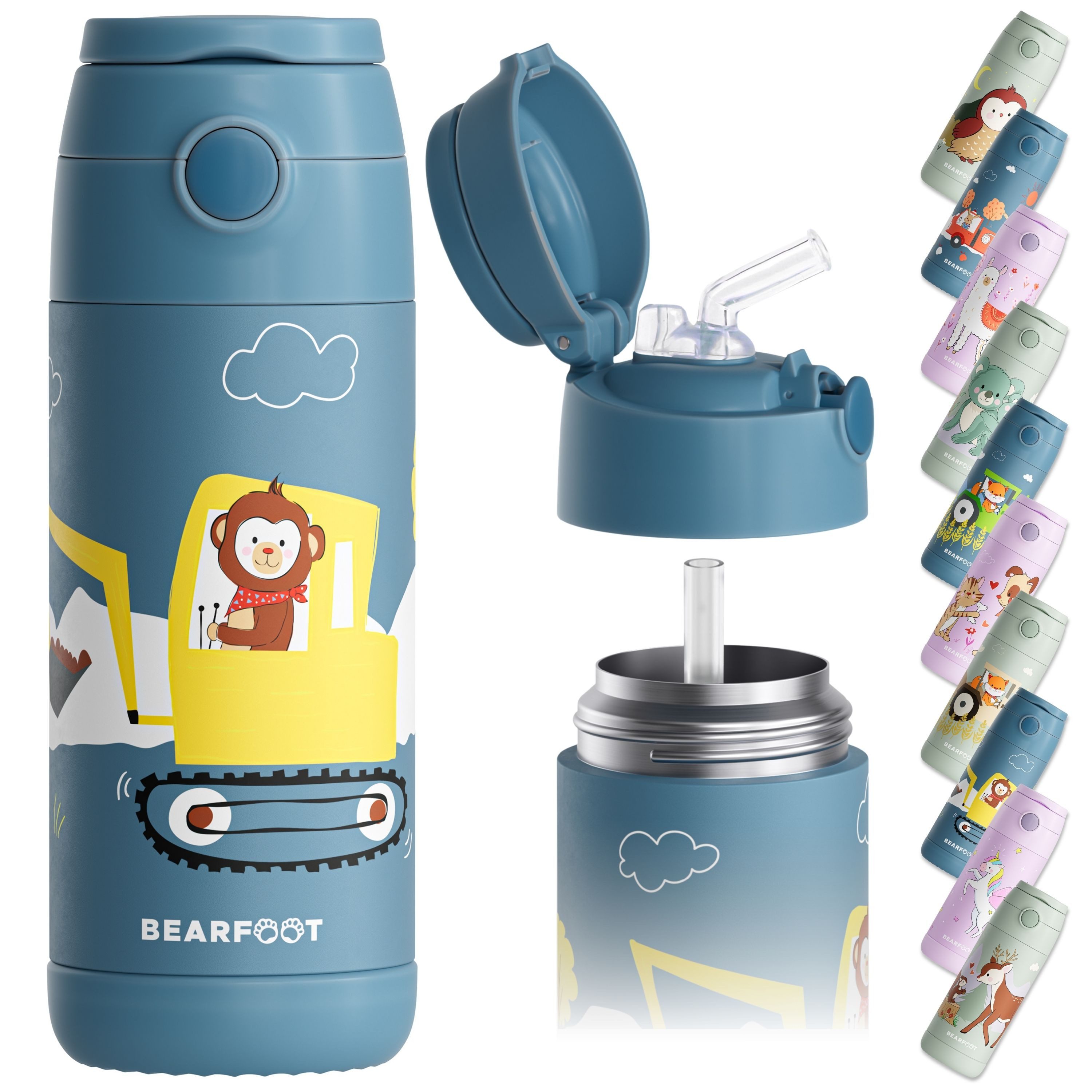 BEARFOOT Trinkflasche Thermo Kinder Trinkflasche Edelstahl - Bagger Affe blau, Thermosflasche, auslaufsicher, Edelstahl, Kinderflasche, BPA-frei