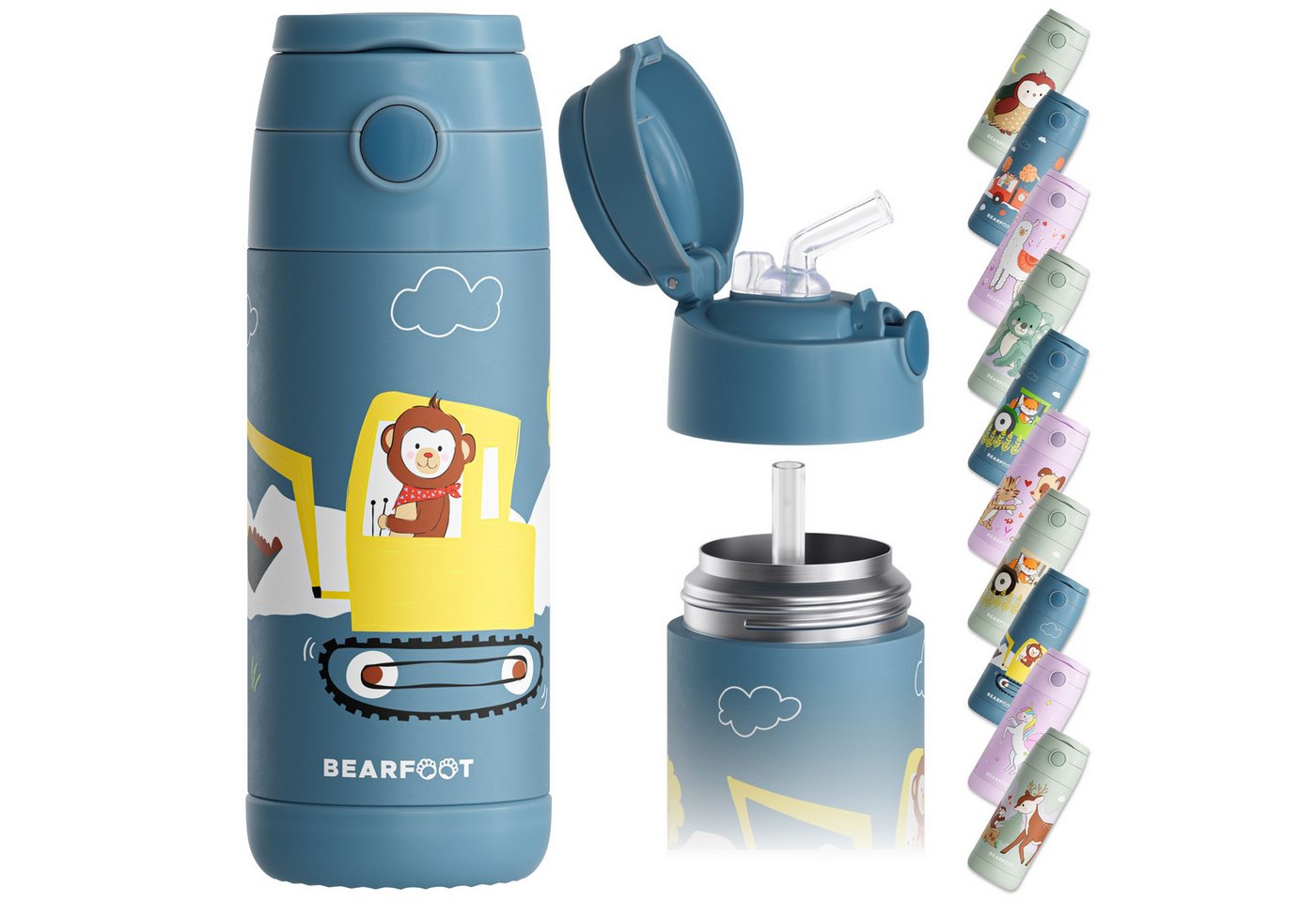 BEARFOOT Trinkflasche Thermo Kinder Trinkflasche Edelstahl - Bagger Affe blau, Thermosflasche, auslaufsicher, Edelstahl, Kinderflasche, BPA-frei