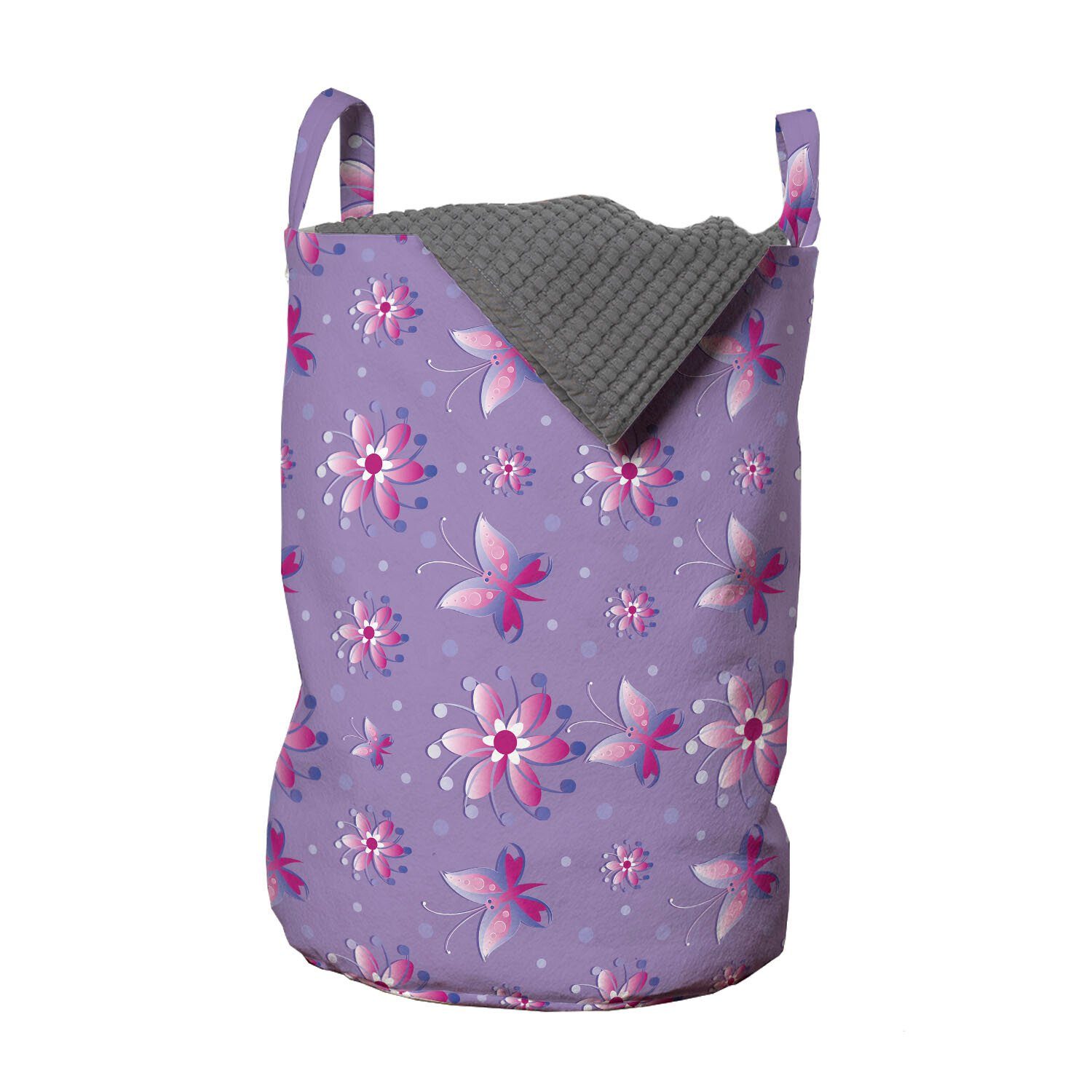 Abakuhaus Wäschesäckchen Wäschekorb mit Griffen Kordelzugverschluss für Waschsalons, Dunkelpink Schmetterlinge Blumen-Punkte | Wäschesäcke