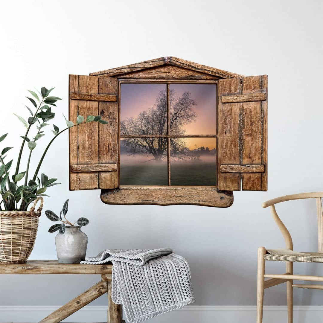 K&L Wall Art Wandtattoo 3D Wandtattoo Aufkleber Cuadrado Landhaus Vintage Baum des Lebens Wald, Holzfenster Wandbild selbstklebend