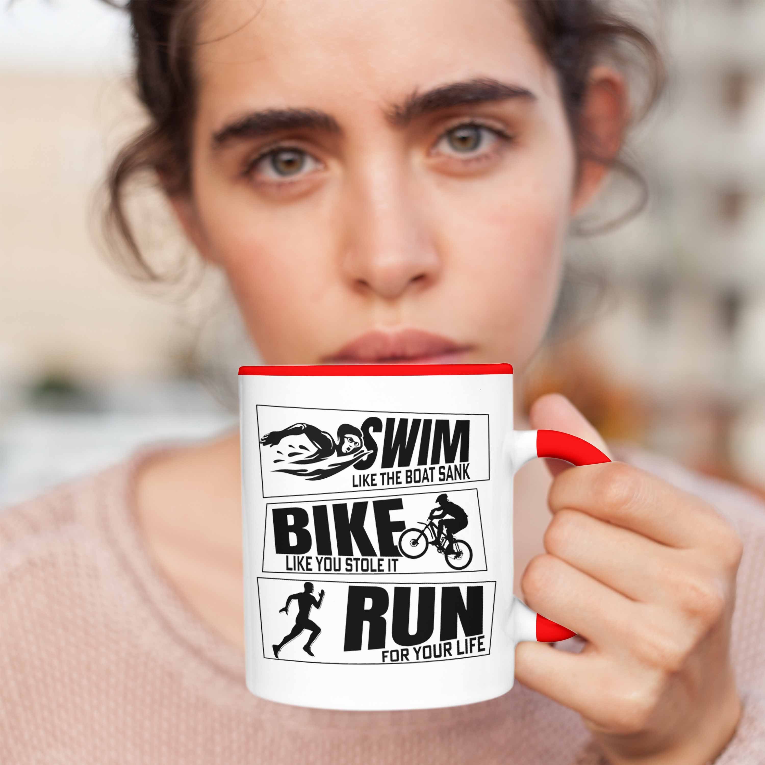 Run für Geschenk Rot Trendation Bike Swim Tasse Triathlon Sportl Spruch Tasse Geschenkidee