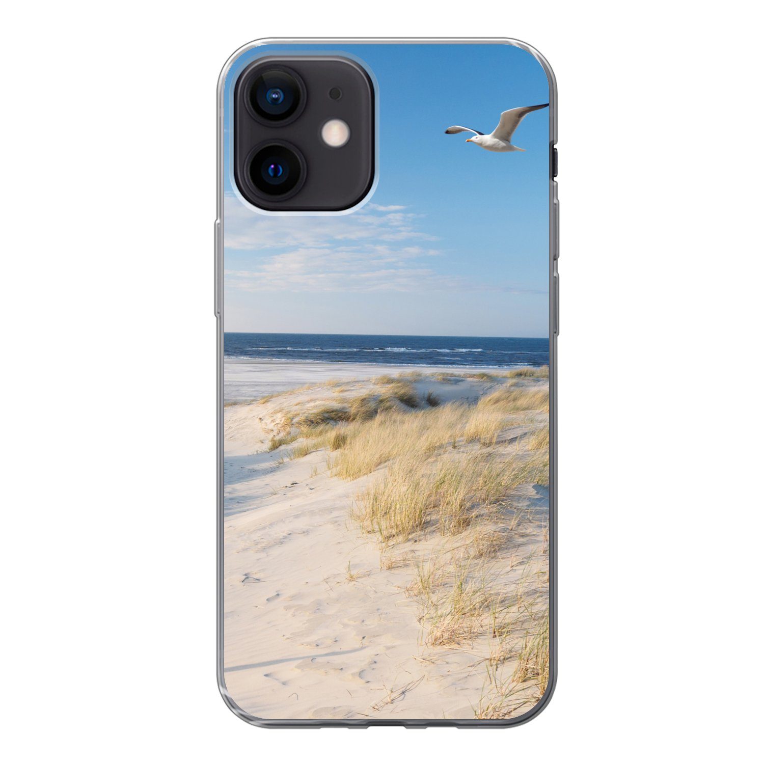 MuchoWow Handyhülle für Apple iPhone 12 Düne - Möwe - Strand - Meer - Sonne, Smartphone-Bumper, Print, Handy Schutzhülle Dünn