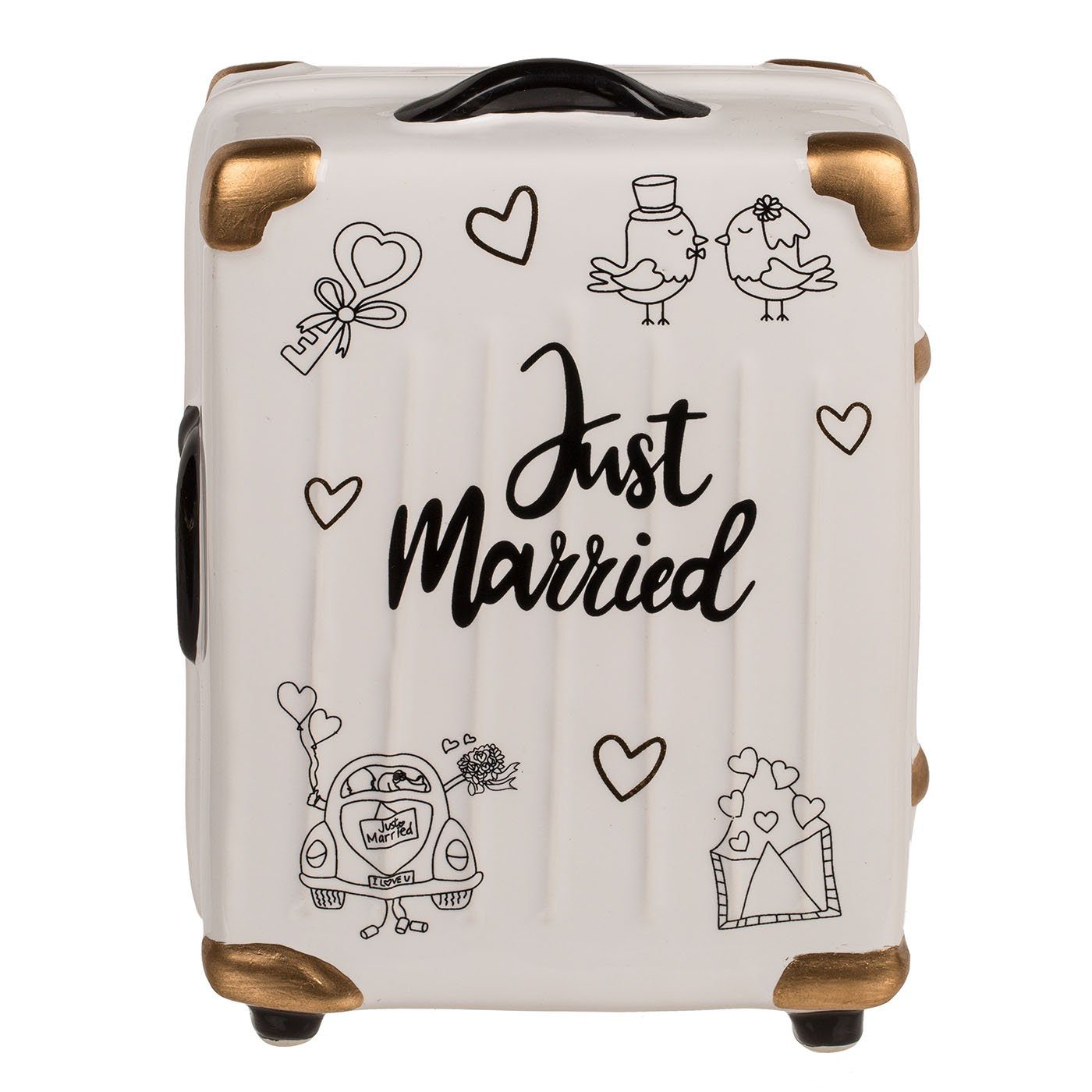 ReWu Spardose Sparschwein Trolley-Koffer Just Married aus Keramik Hochzeitsgeschenk