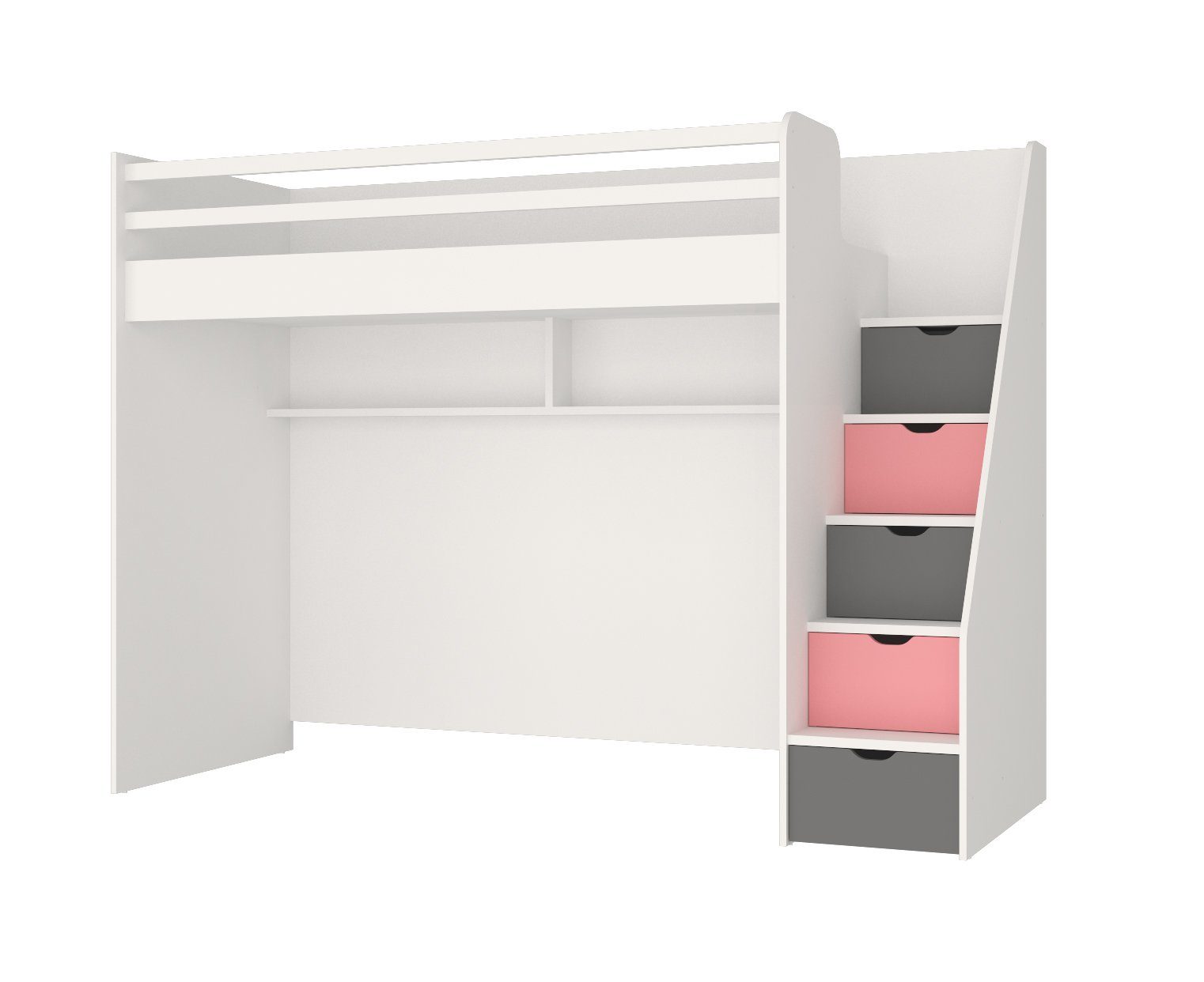 Möbel-Lux Hochbett Almila Neo mit Treppe, Regal und LED Rosa