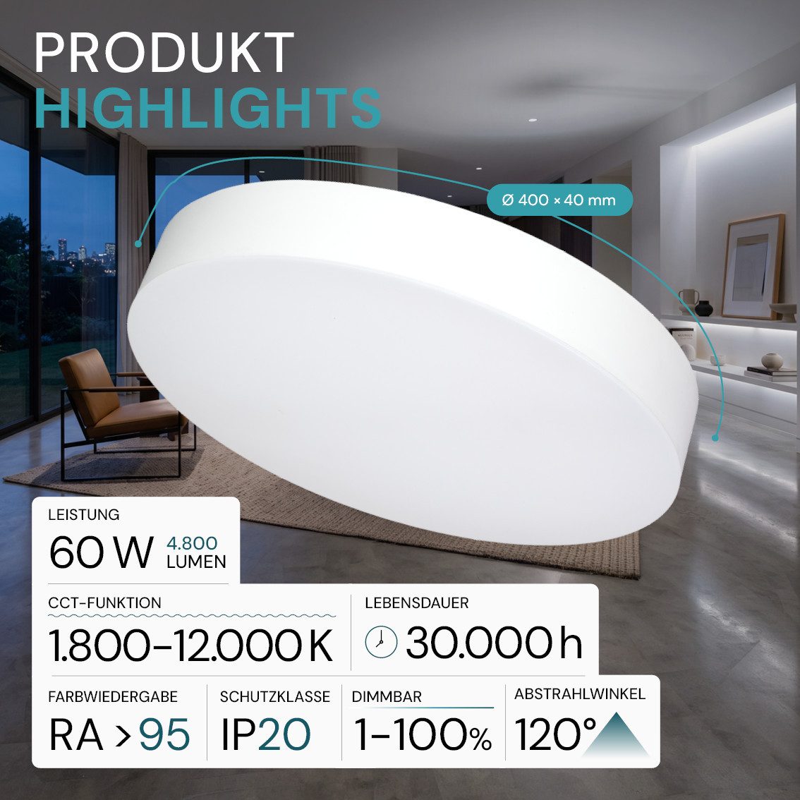 LUXULA Aufbauleuchte LUXULA LED Deckenleuchte 60 W 1800 K CCT einstellbar Weiß, Farbwechsler
