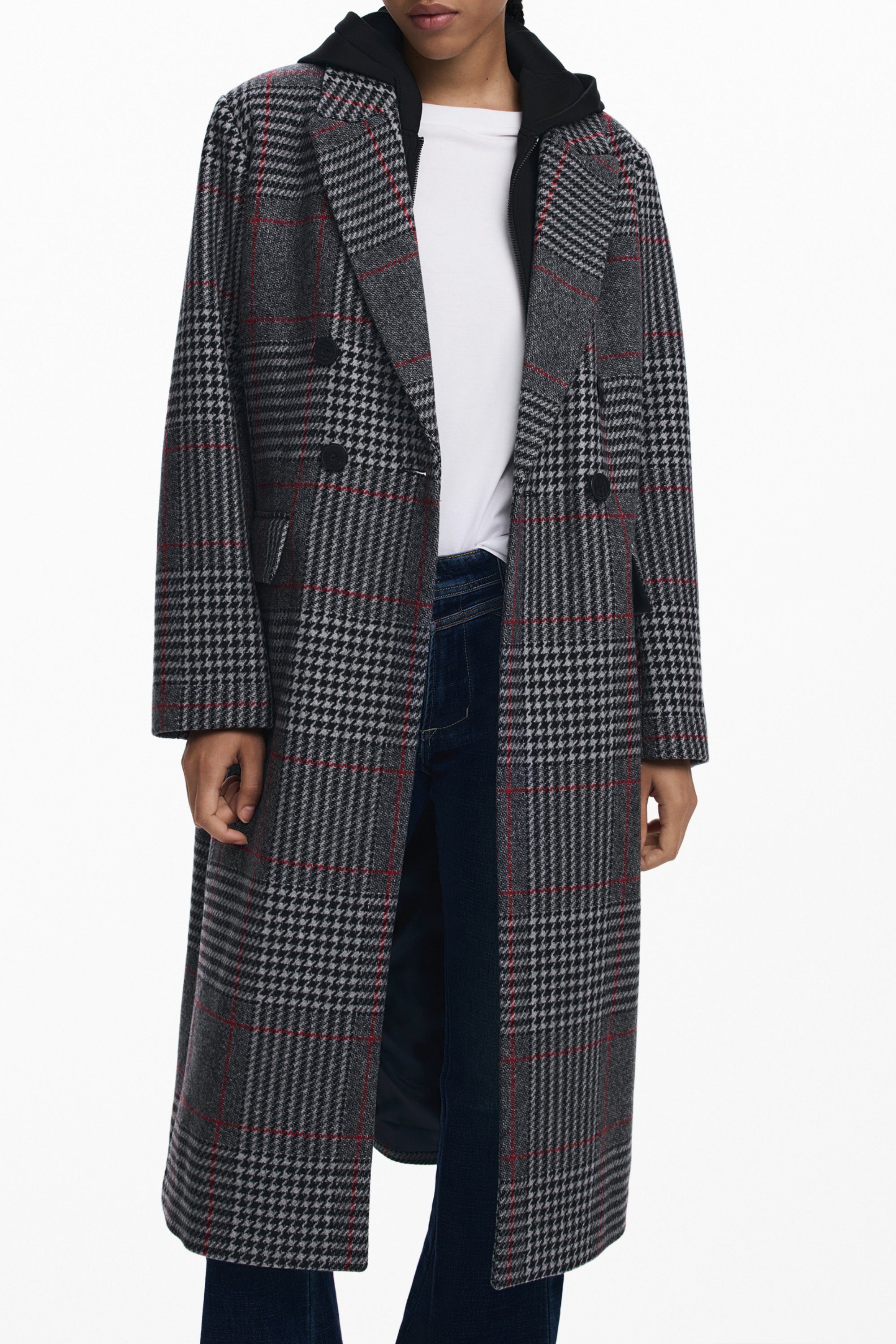 Desigual Outdoorjacke Grauer Karierter Damenmantel mit Abnehmbarer Kapuze und Taschen