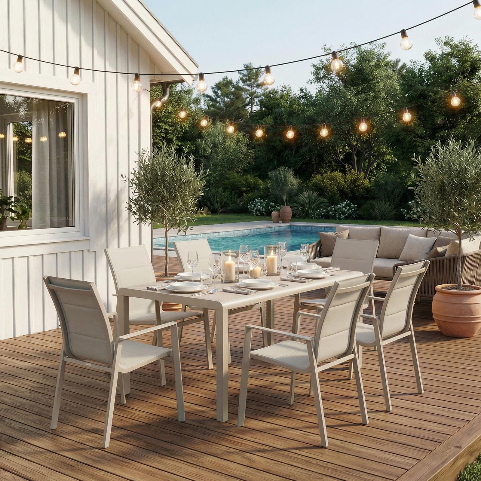 IDIMEX Garten-Essgruppe TRAPANI, (7-tlg), Gartenmöbel Set mit 6 Stühlen aus Aluminium Champagner