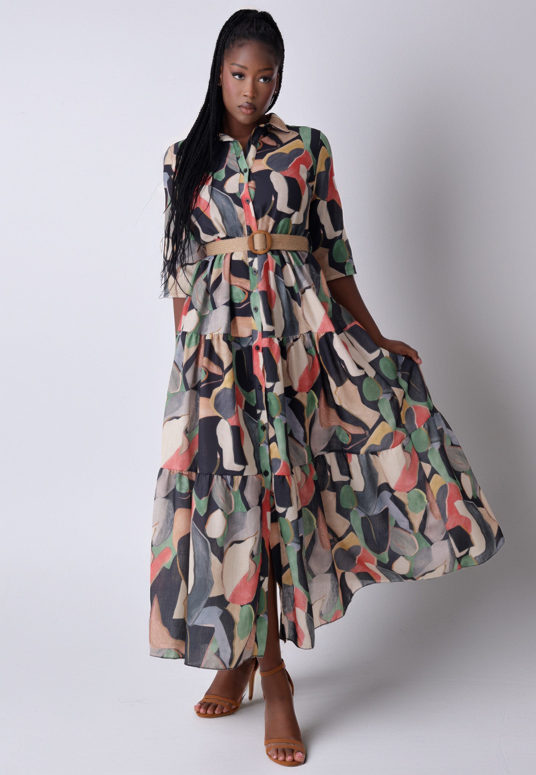 YC Fashion & Style Maxikleid Leinenkleid mit Bindegürtel & Stufenrock mit Alloverdruck