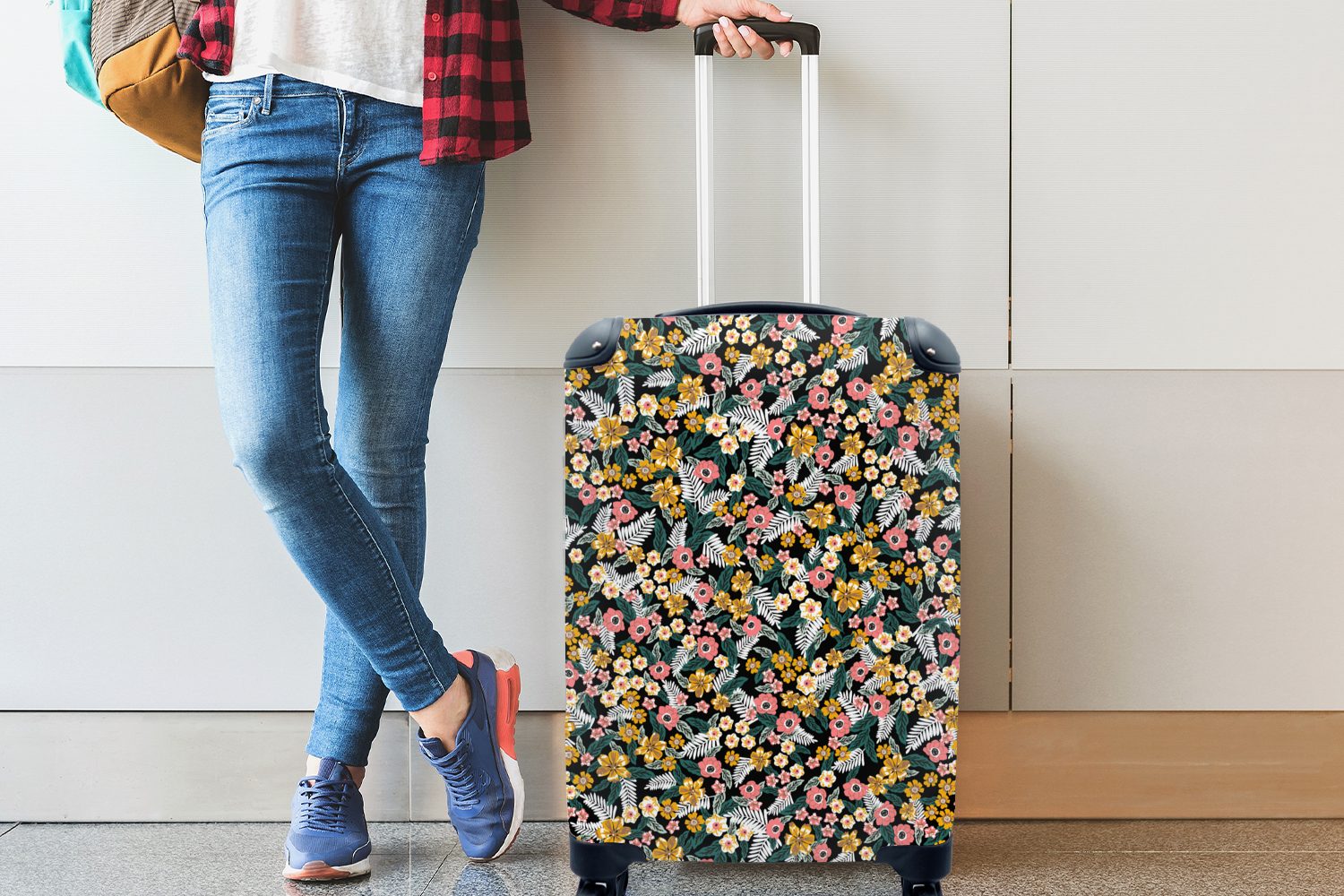 Reisetasche - Reisekoffer Trolley, 4 Blumen Muster, Rollen, MuchoWow Handgepäck mit rollen, - Regenbogen Handgepäckkoffer für Ferien,