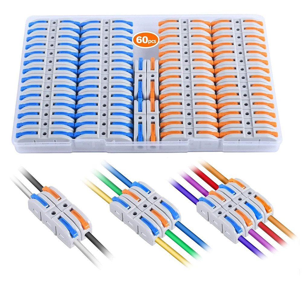AFKSMILE Kabelverbinder-Sortiment 60 Stück Hebel-Kabelverbinder,Schnellverbindungs Set, Inline Klemmen, 60-tlg., 28-12 AWG,1 Ein 1 Aus,aus isolierendem PC-Material,wiederverwendbar