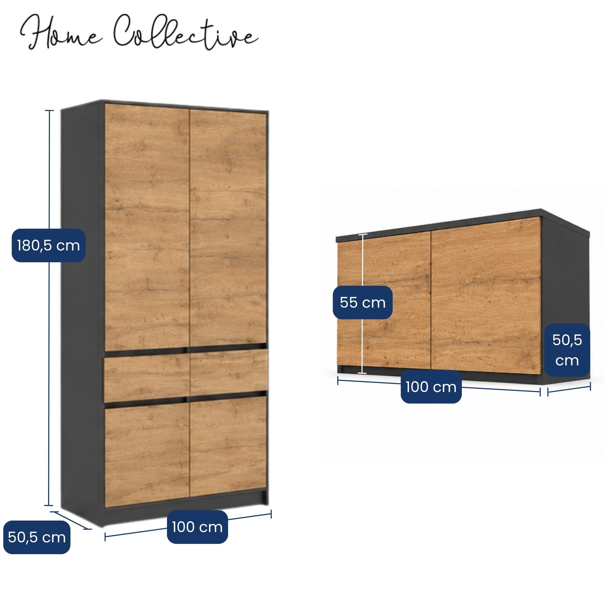 Home Collective Kleiderschrank Schrank Schlafzimmer Garderobenschrank Mehrzweckschrank Hochschrank (100 cm breit, mit 2 Schubladen, Kleiderstange & Einlegeböden – Bild 2 von 5