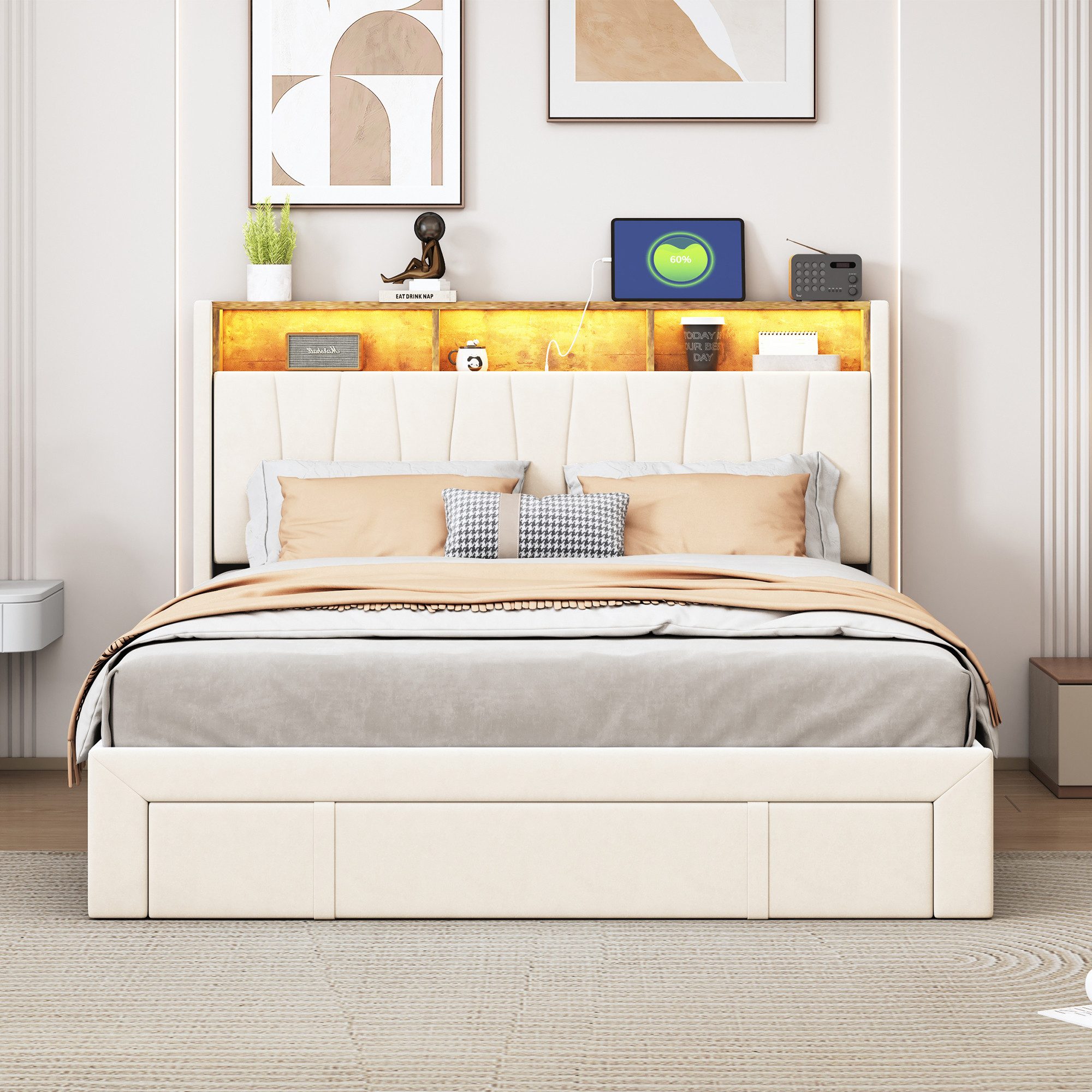 PXloue Polsterbett LED Doppelbett, Kopfteil mit Stauraum,3 Schubladen,140x2 günstig online kaufen