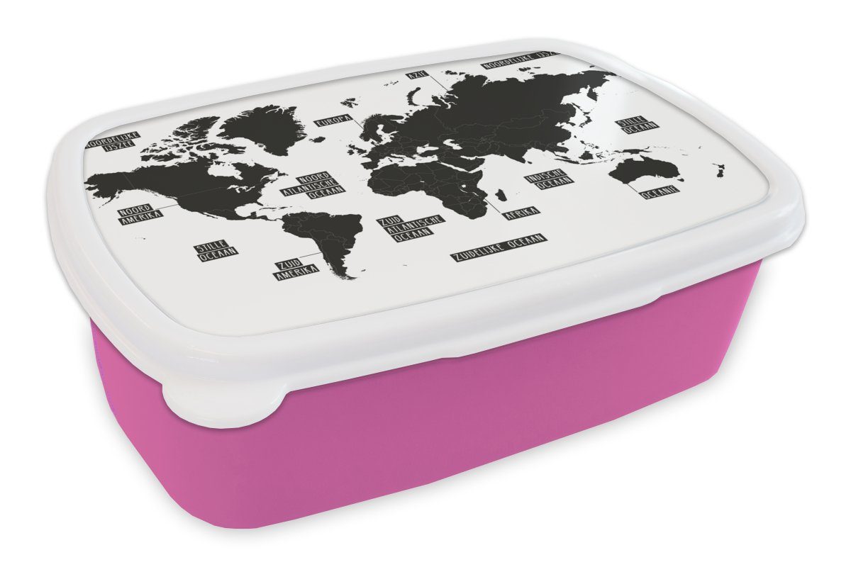 MuchoWow Lunchbox Weltkarte - Schwarz - Weiß - Kinder - Junge - Mädchen, Kunststoff, (2-tlg), Brotbox für Erwachsene, Brotdose Kinder, Snackbox, Mädchen, Kunststoff rosa