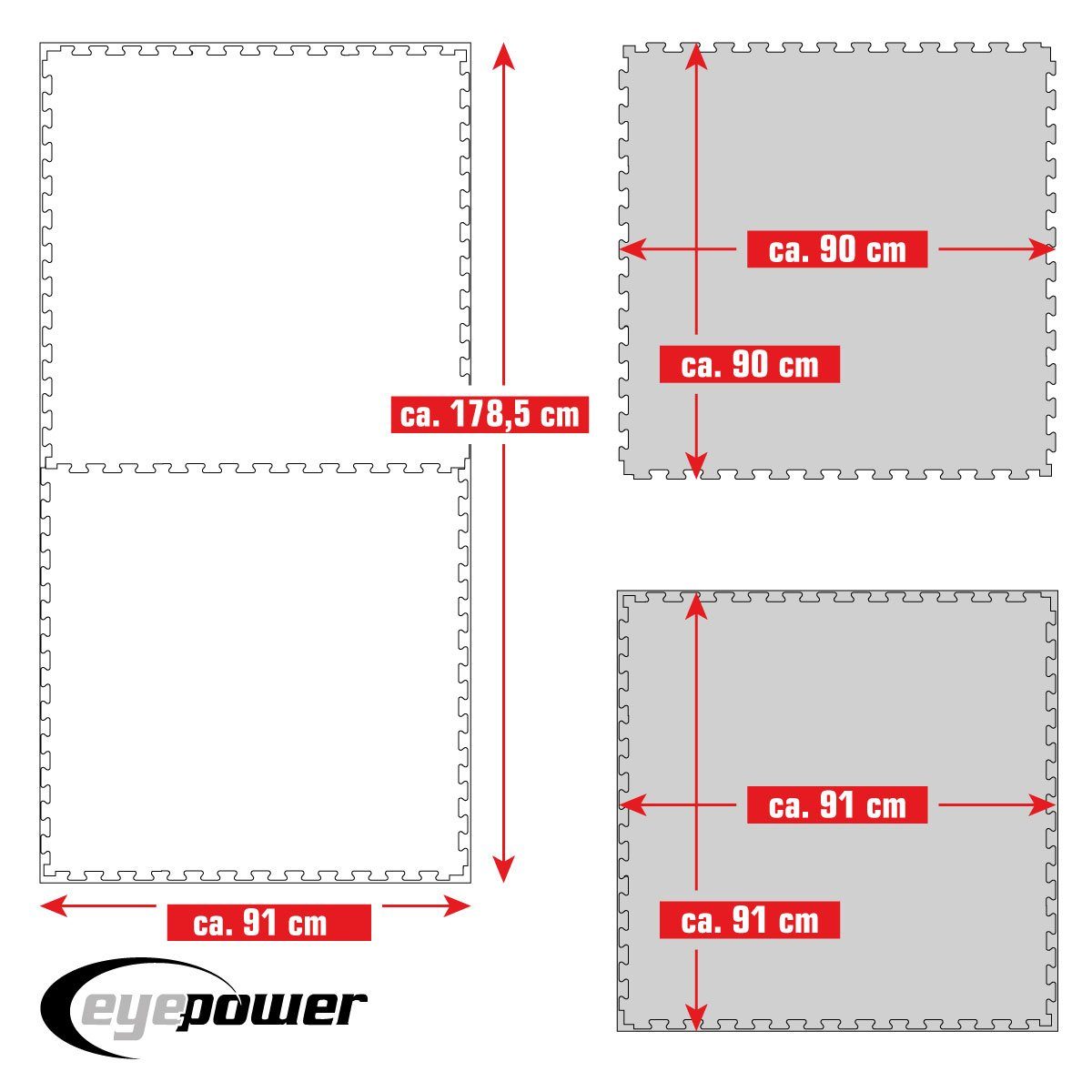 eyepower Fitnessmatte für Zuhause - 1,62m² Trainingsmatte mit Rand - 2 Große Home Gym Matten (2-St), 90x90x2,5 cm Sport Bodenschutzmatte - Gymnastik Turnmatte Puzzlematte