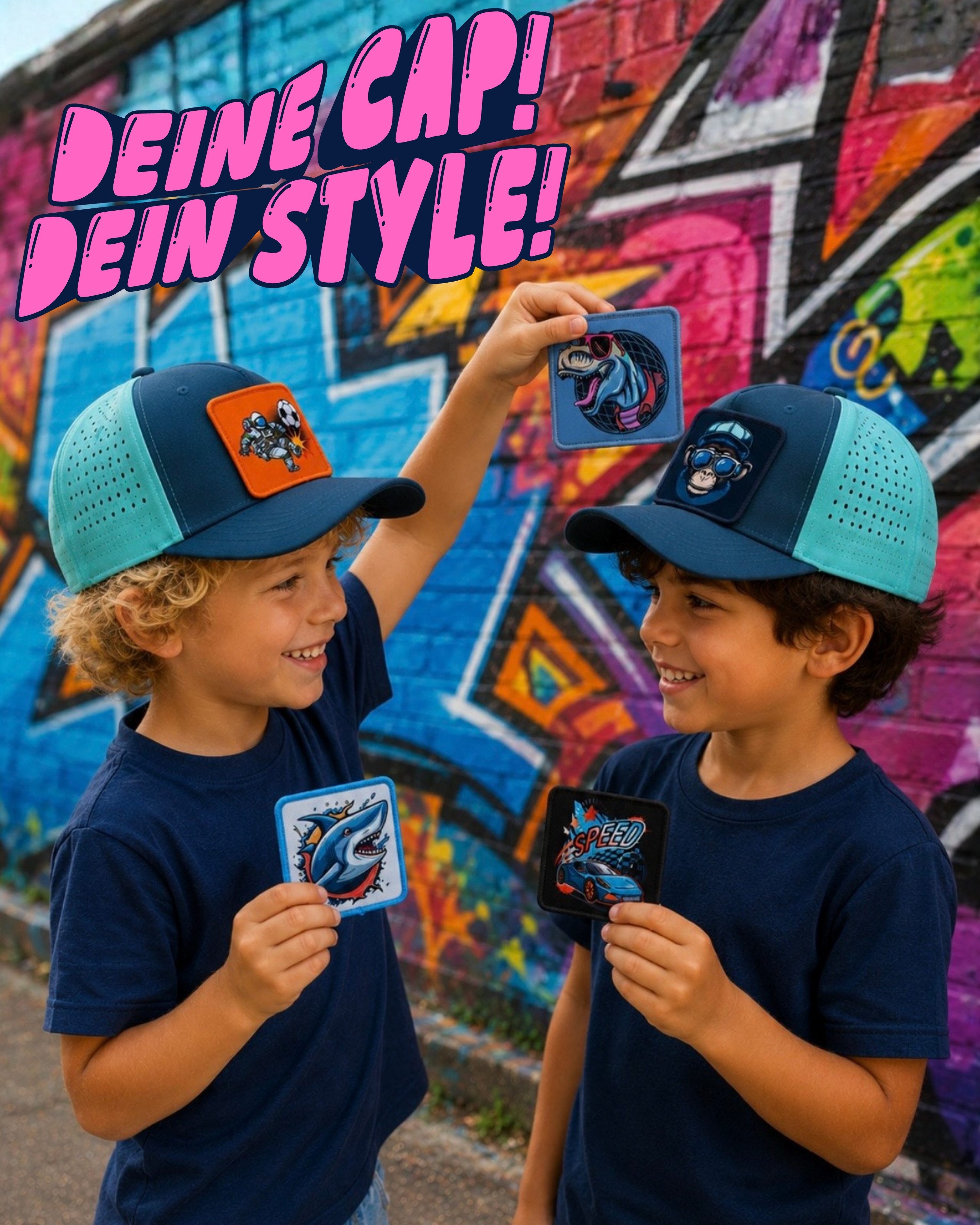 HECKBO Baseball Cap Baseball Cap mit 5 Klett Patches coole Kappe Jungen Mädchen 4–10 Jahre