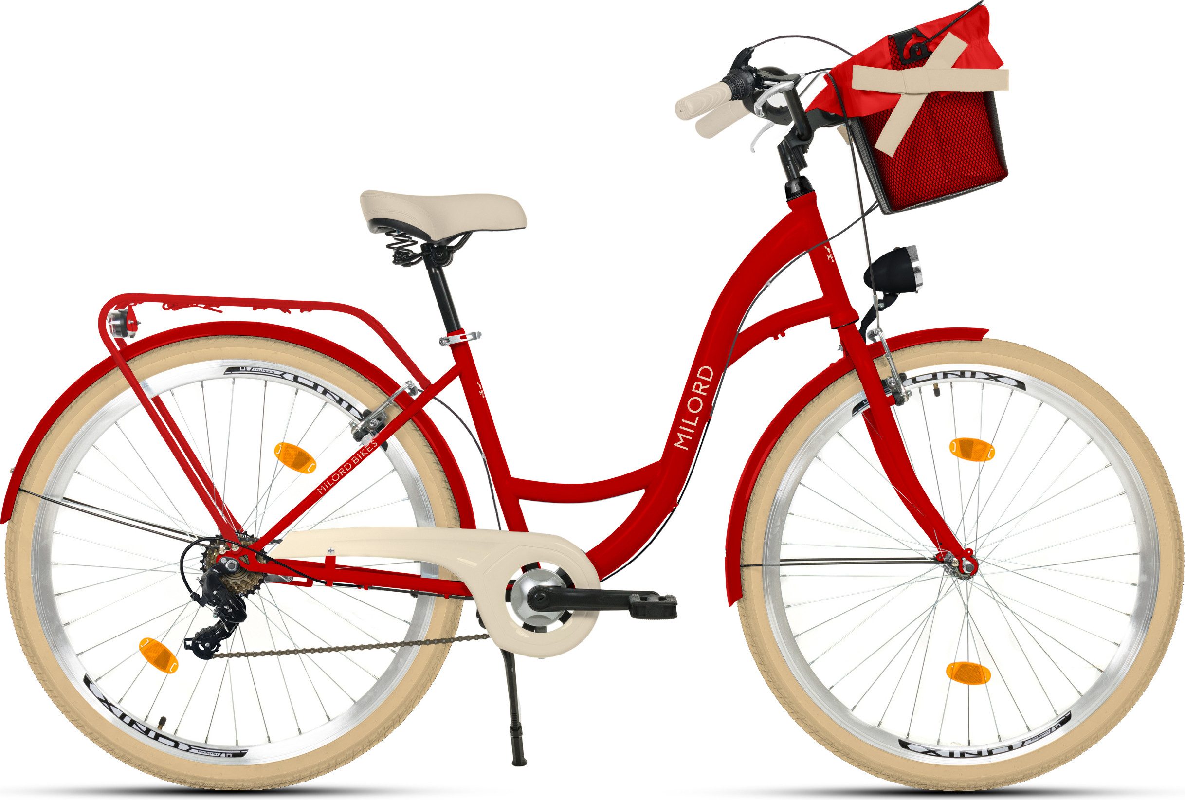 Milord Cityrad Milord Komfort City Fahrrad Korb Damen, 28 Zoll, Rot, 7-Gang, 7 Gang, (Fahrradständer, Gepäckträger, Klingel, Korb, Kotflügel)