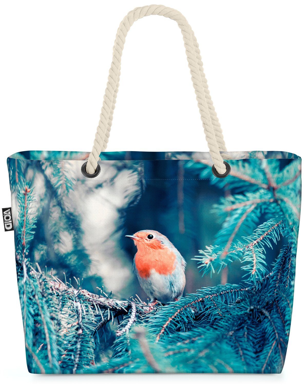 VOID Strandtasche (1-tlg), Rotkehlchen im Wald Vogel Tiere Herbst Winter Wald Federn Weihnachten
