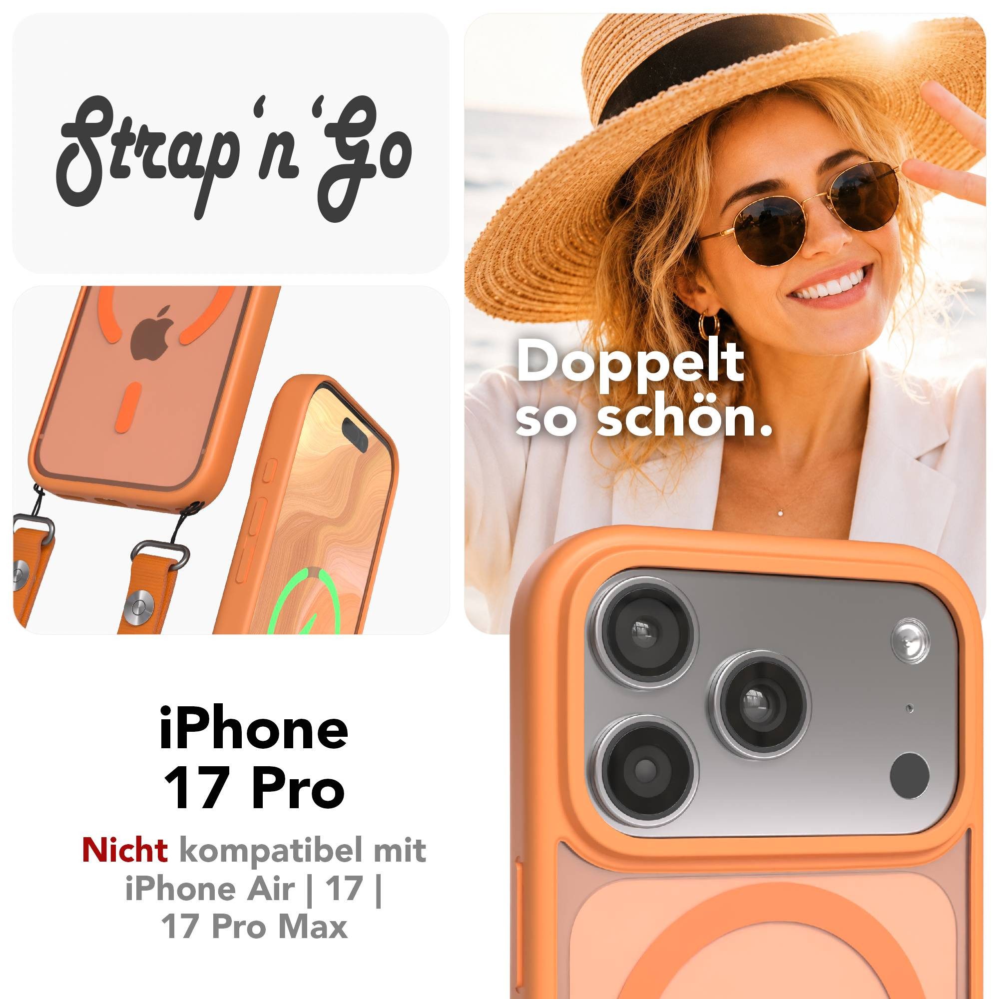 EAZY CASE Handykette Outdoor Case MagSafe Handyband für Apple iPhone 17 Pro 6,3 Zoll, Outdoor Case mit MagSafe, Magnetkette und starkem Schutz in Orange